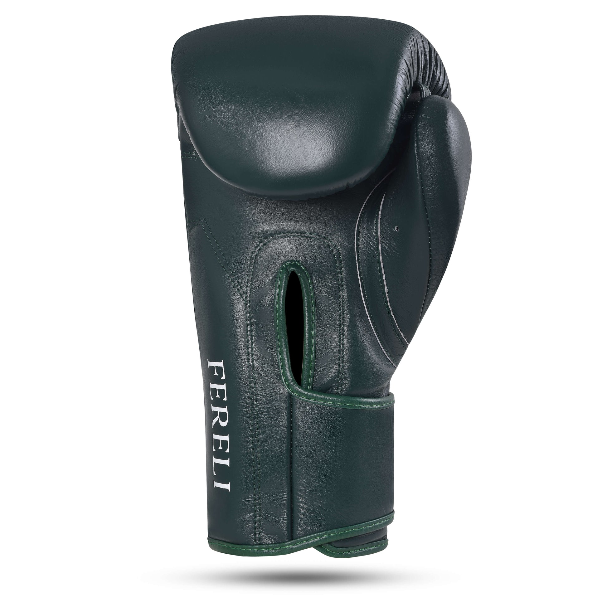 Back view of Fereli Evergreen colorful boxing gloves in deep green leather with secure wrist strap.