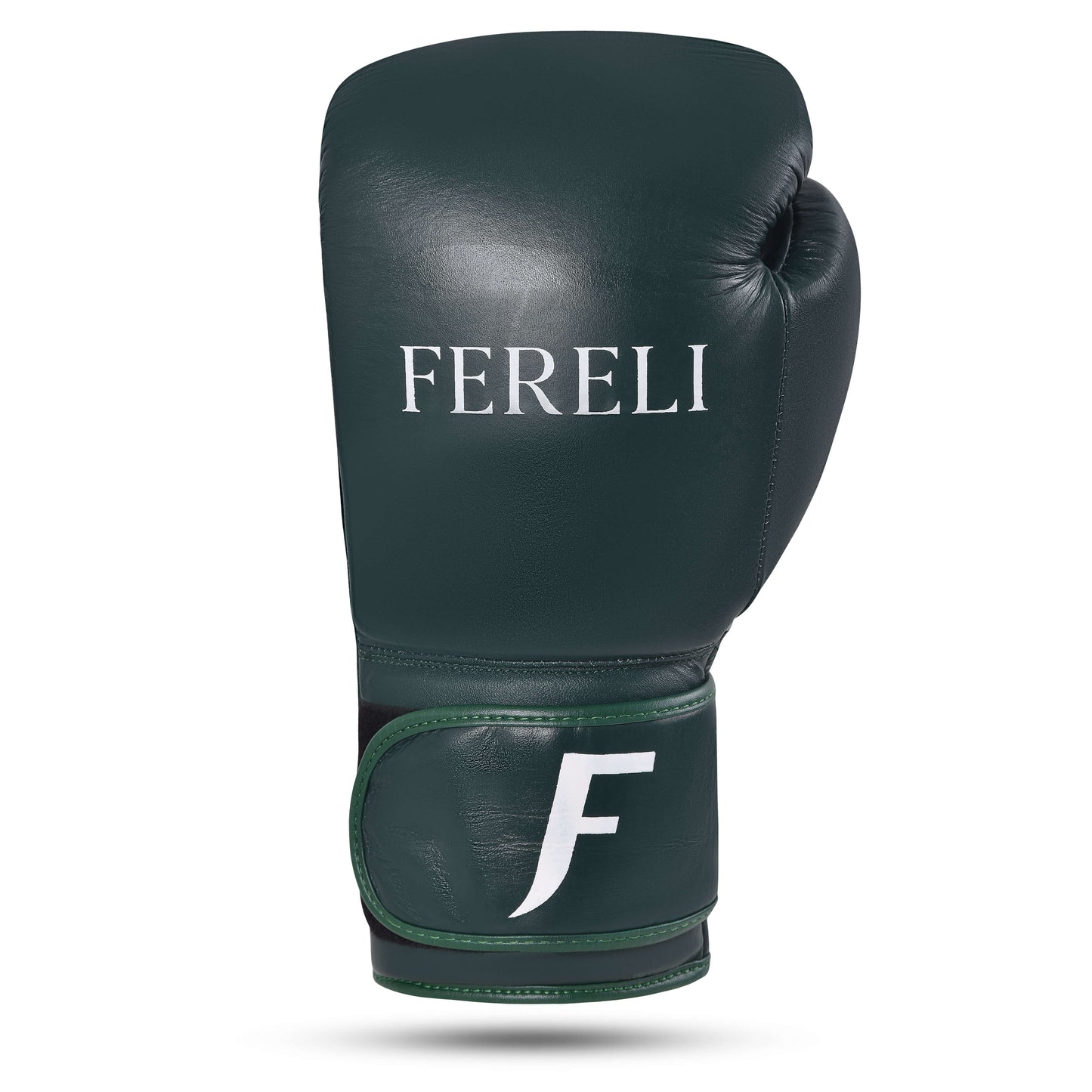 Fereli Evergreen colorful boxing glove in dark green leather, front-facing view with white logo and velcro wrist strap.