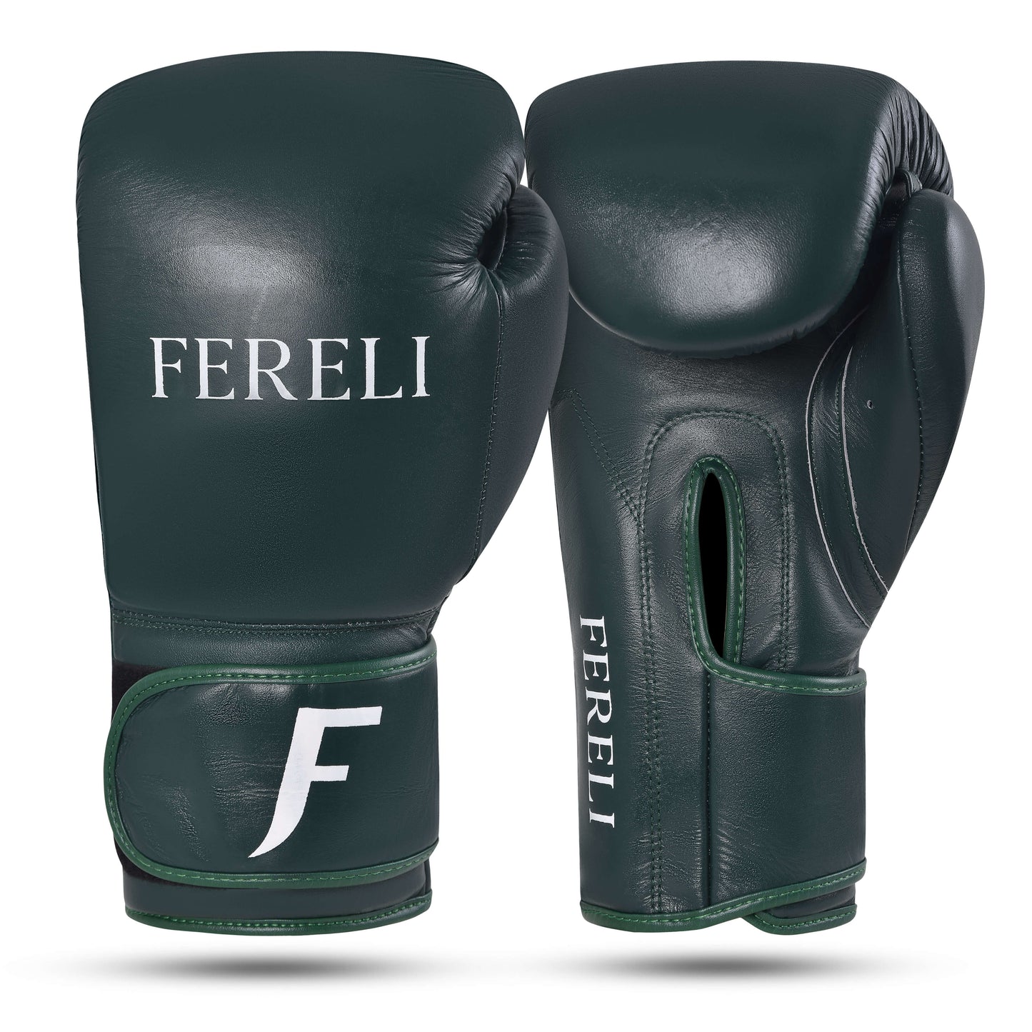 Fereli Evergreen colorful boxing gloves in deep green leather, designed for training, sparring, and fitness workouts.