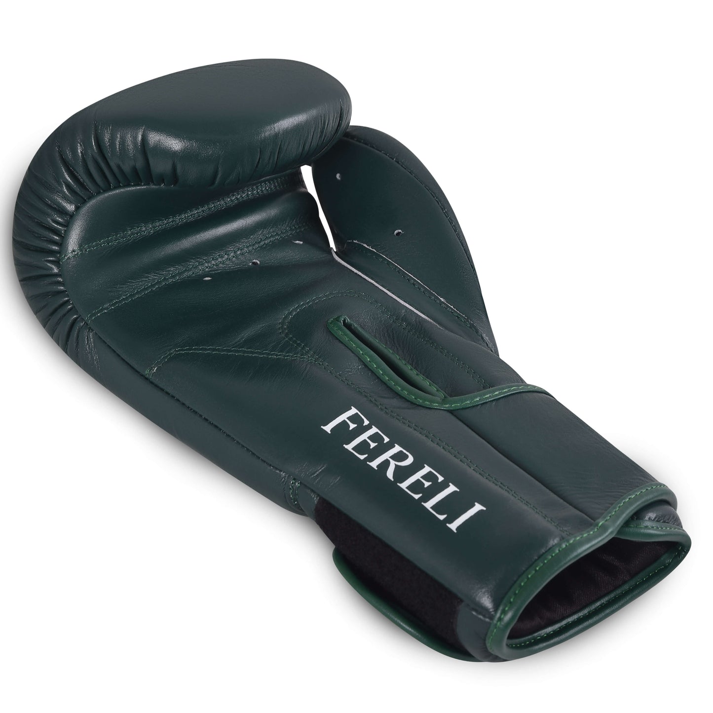 Fereli Evergreen colorful boxing glove in dark green leather, palm-up view showing stitching, wrist strap, and ventilation holes.