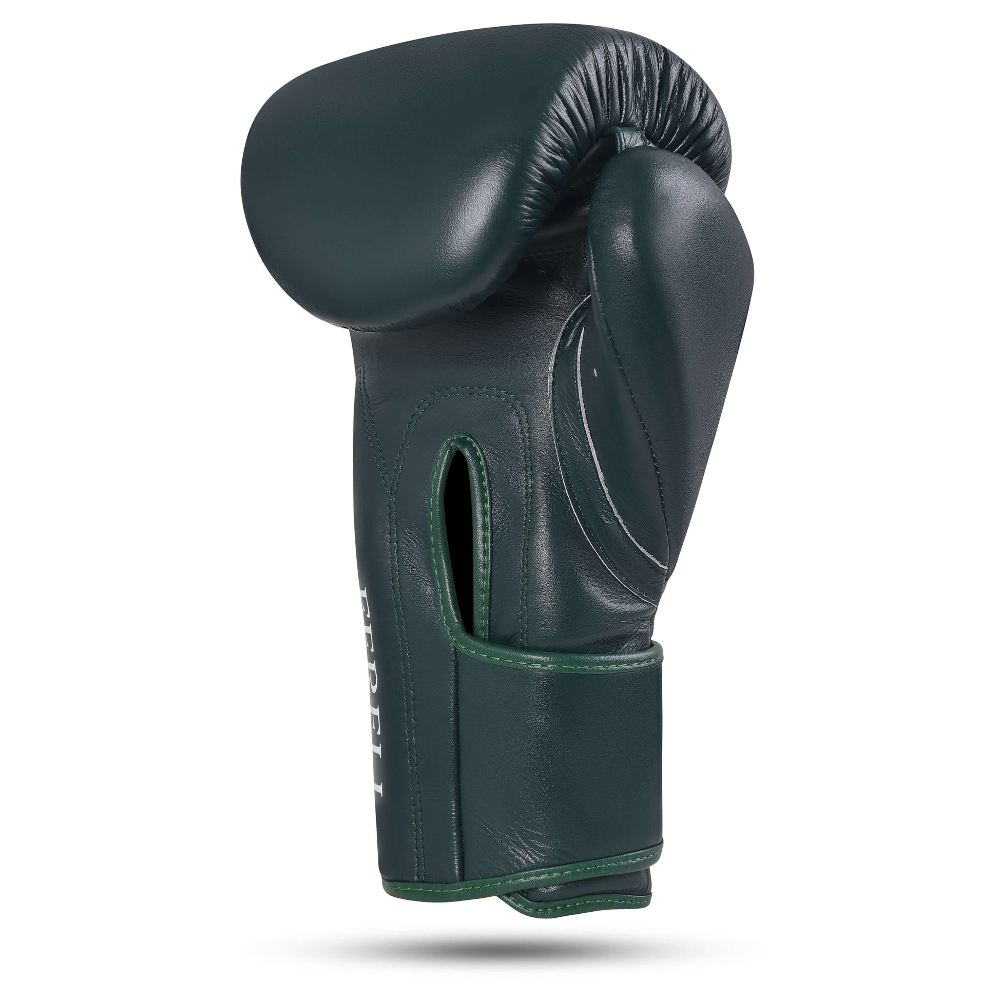 Fereli Evergreen colorful boxing glove in dark green leather, side profile view with visible wrist strap and padding.