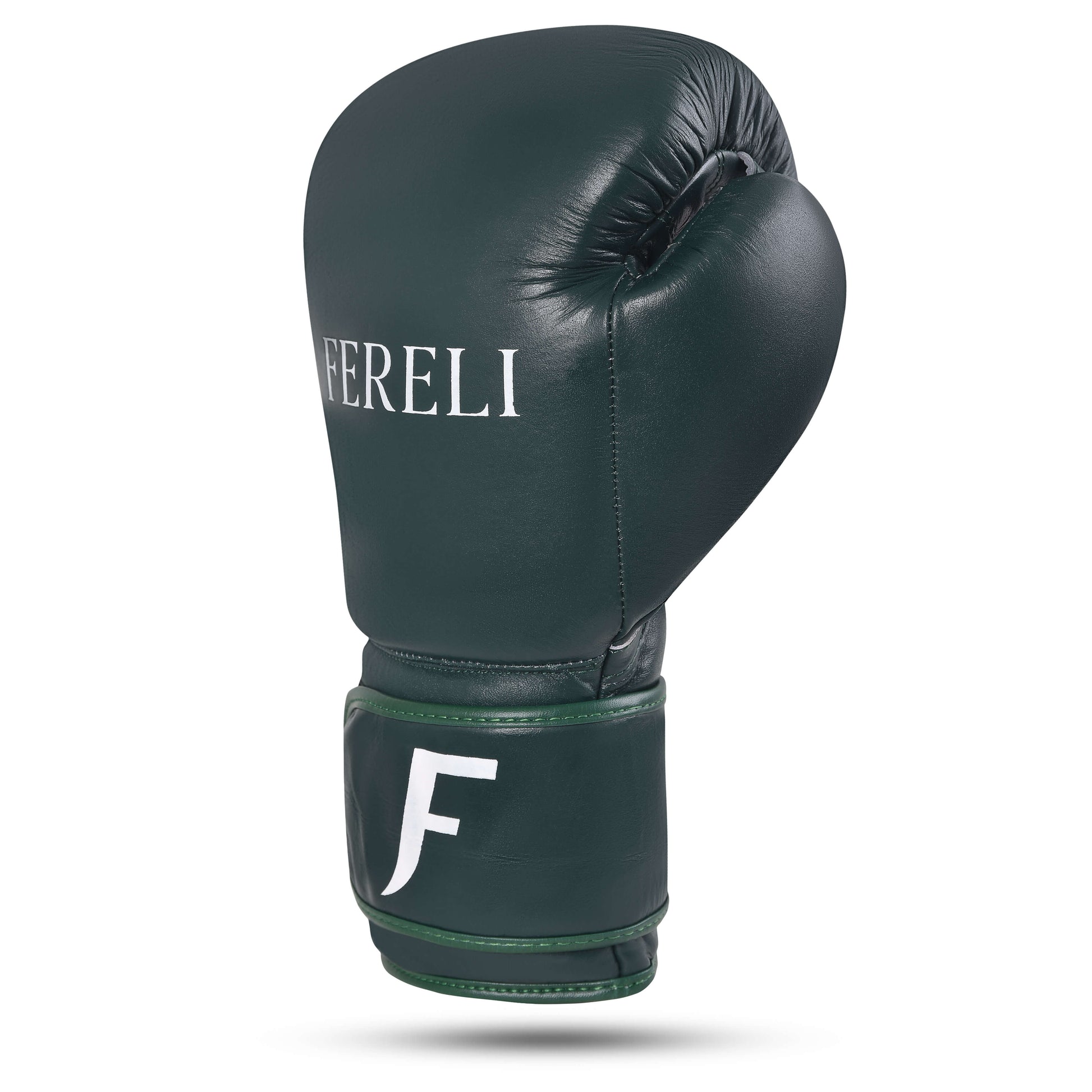 Fereli Evergreen colorful boxing glove in dark green leather, side angle showing ergonomic padding and velcro wrist strap.