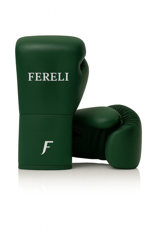 Fereli Evergreen colorful boxing gloves in forest green top-grain leather with multi-layered foam padding, shown front and side by side on white background.