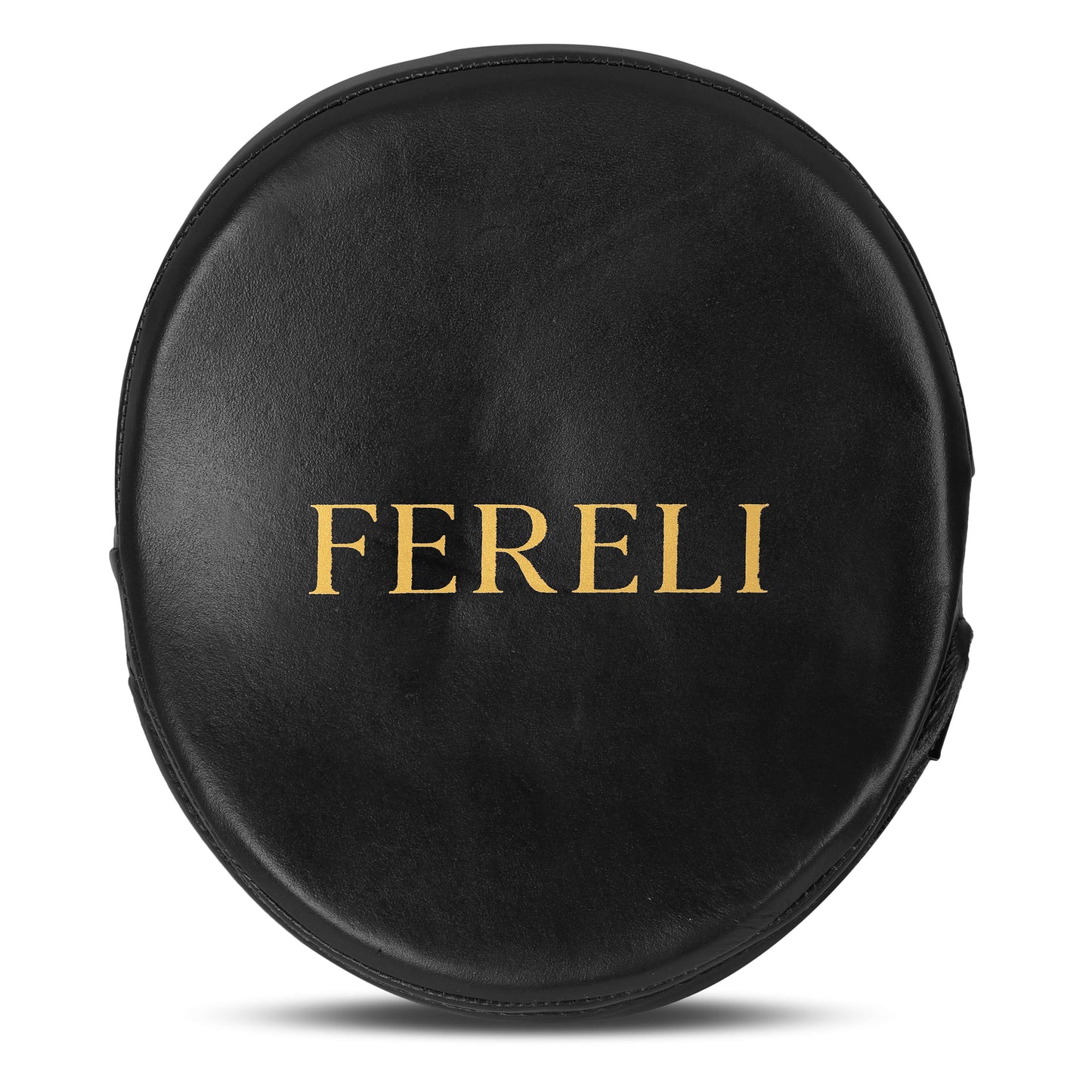 Fereli focus mitts in black leather with gold logo – front view showcasing smooth finish and premium construction for boxing pad work.