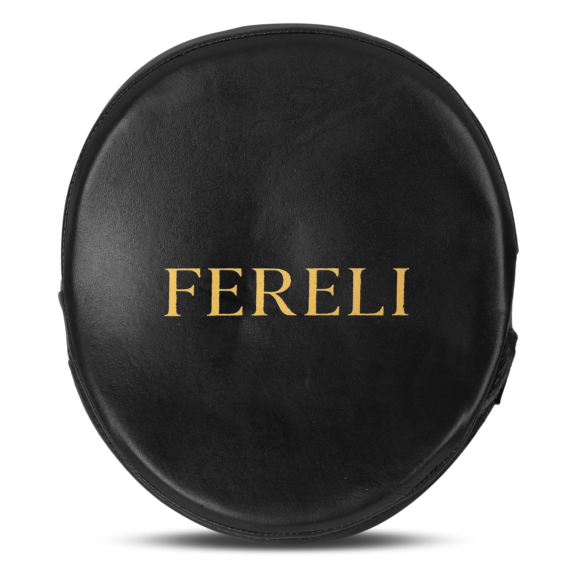 Fereli focus mitts in black leather with gold logo – front view showcasing smooth finish and premium construction for boxing pad work.