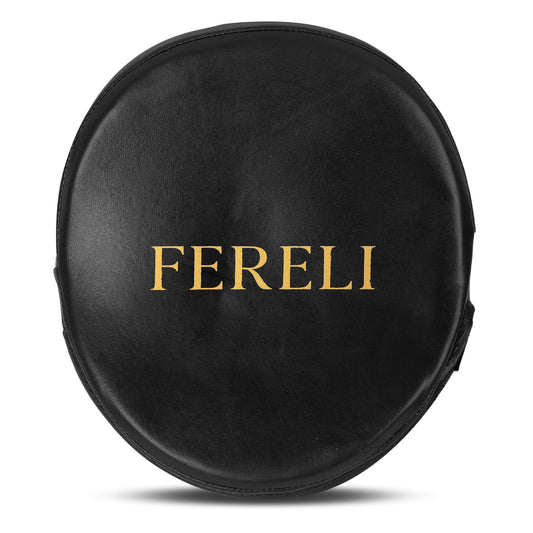 Fereli focus mitts in black leather with gold logo – front view showcasing smooth finish and premium construction for boxing pad work.