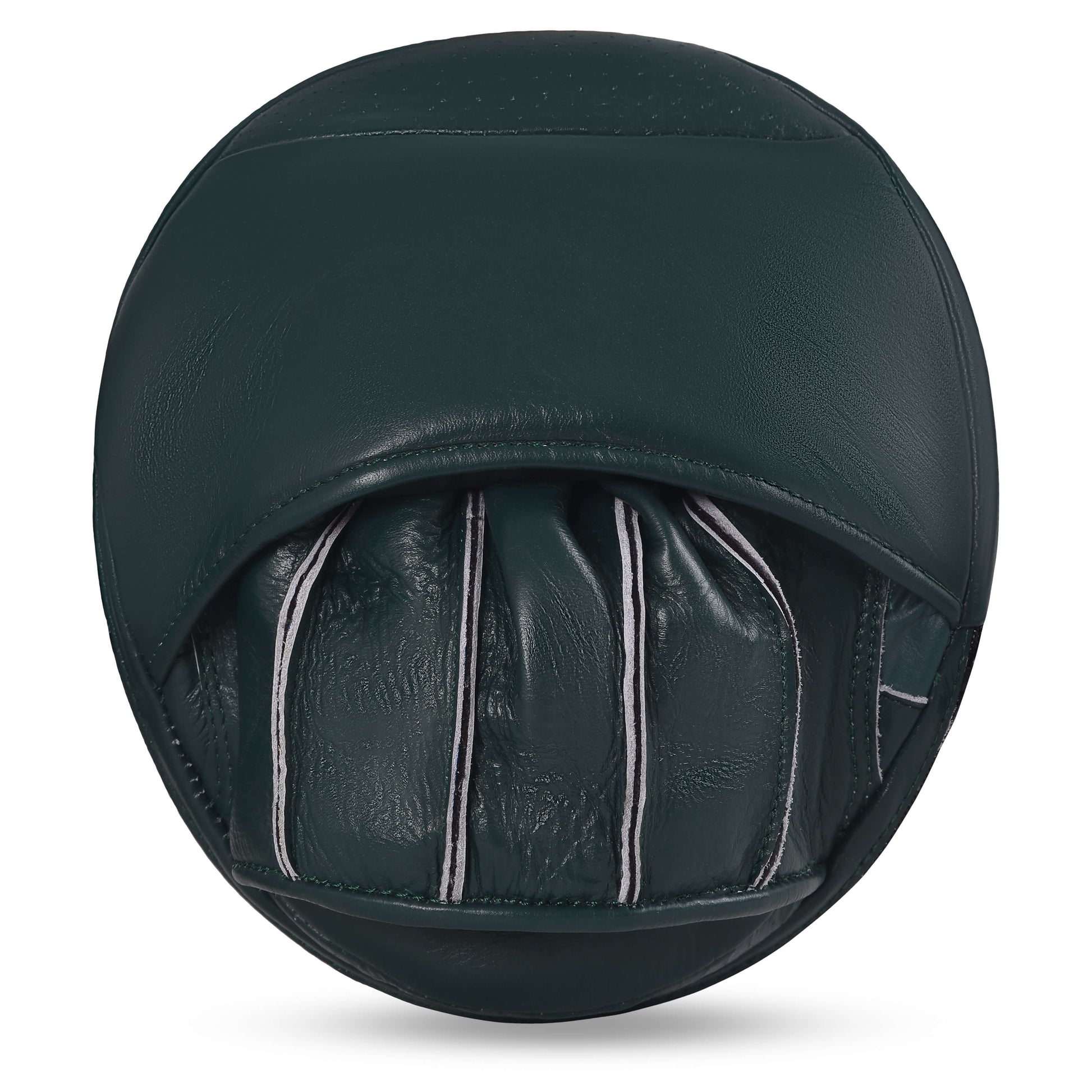 Fereli green leather focus mitts back view with hand compartment for boxing precision training.