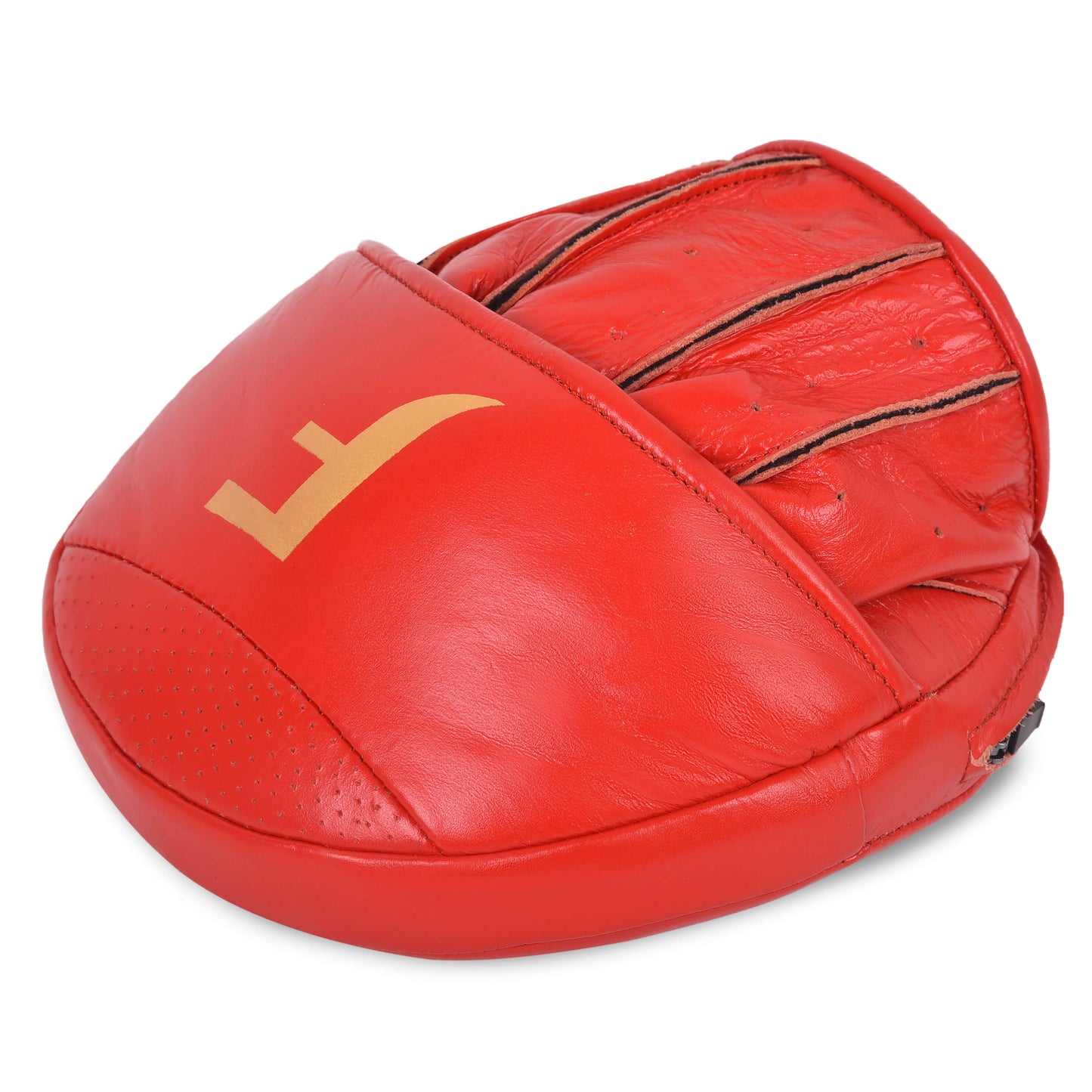 Angled view of Fereli red precision pads with ergonomic glove compartment — elite-level focus mitts for striking accuracy and comfort.