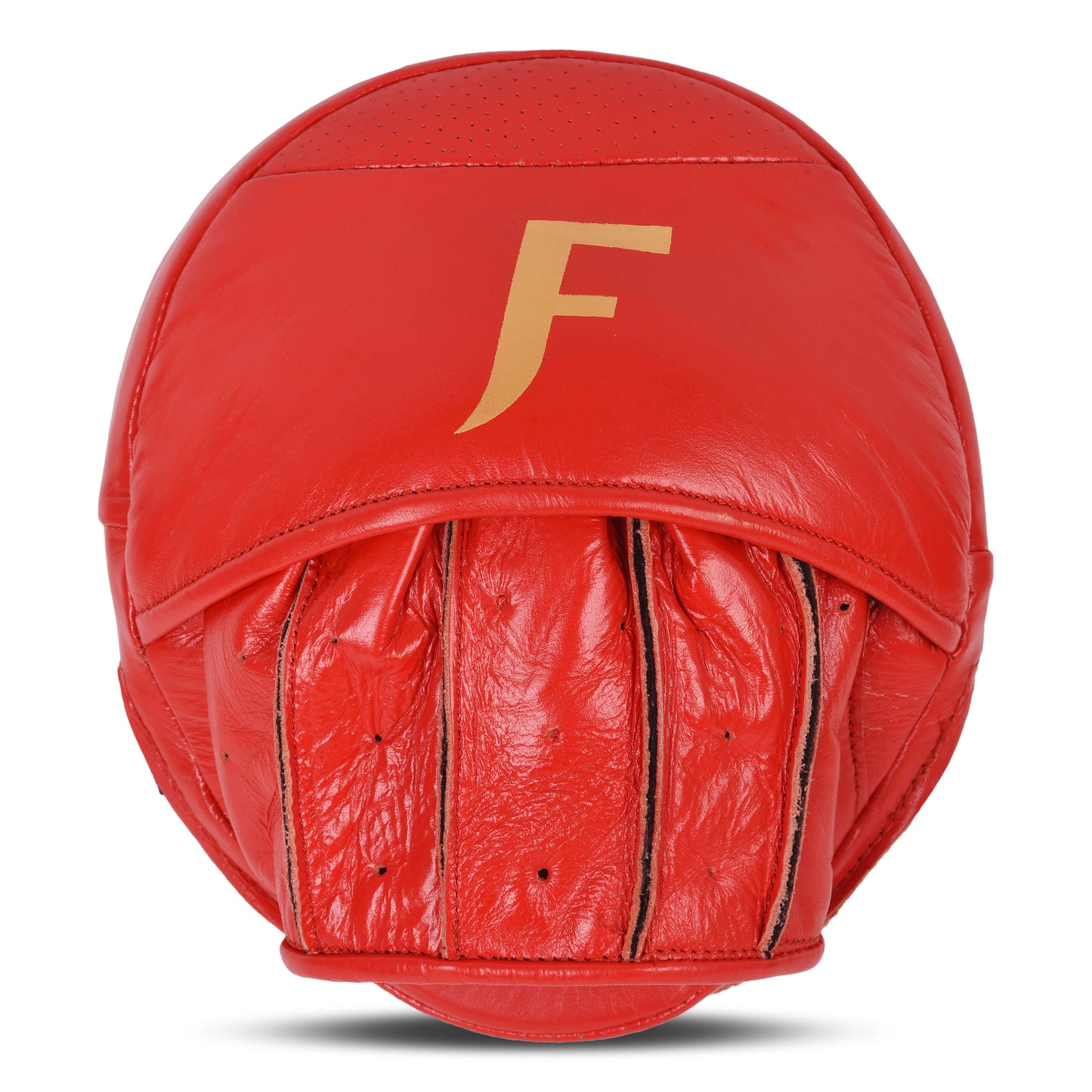 Back view of Fereli red focus pads featuring gold logo and clean leather surface — professional precision pads for boxing coaches.