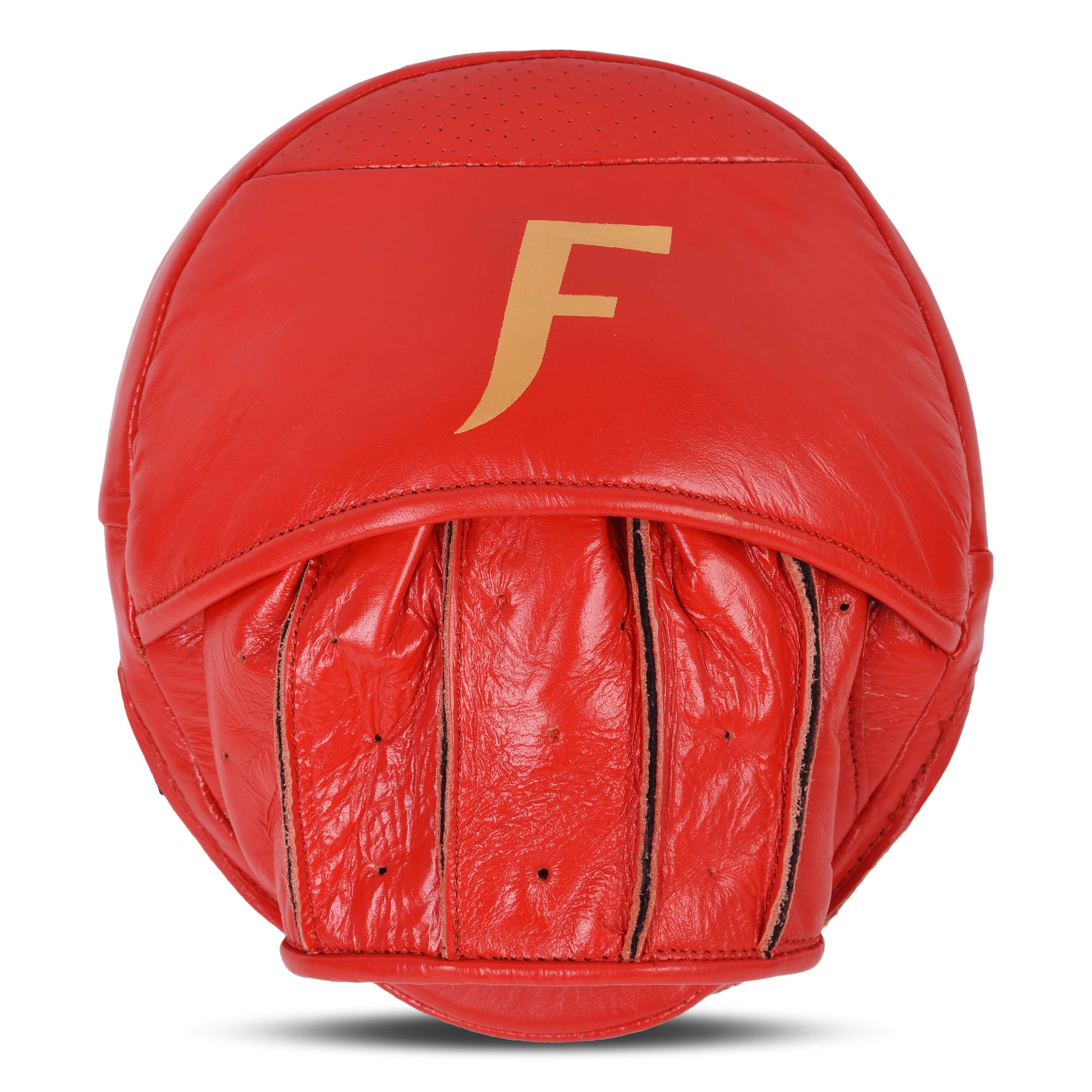 Back view of Fereli red focus pads featuring gold logo and clean leather surface — professional precision pads for boxing coaches.
