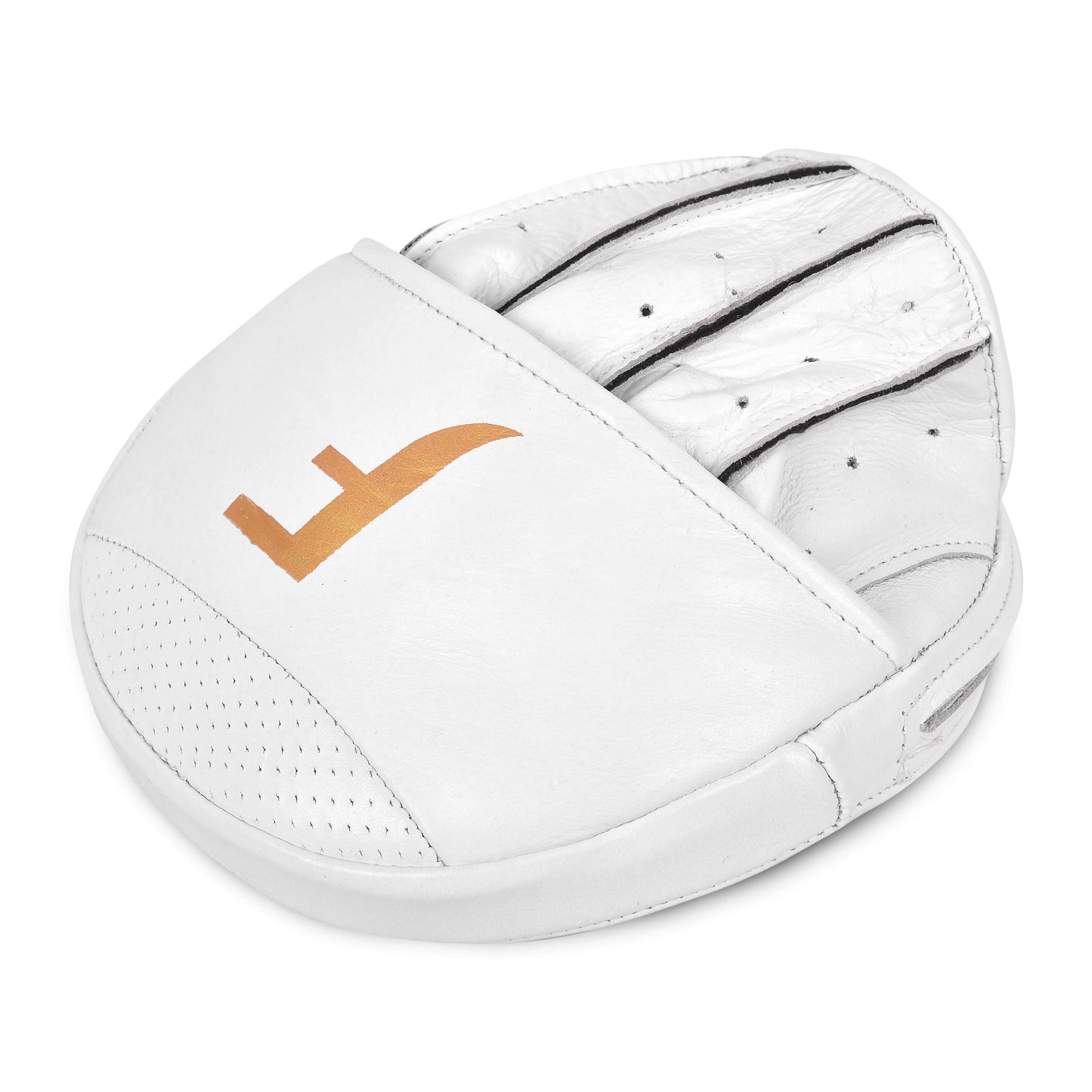 Angled view of Fereli Focus Mitts in white with gold logo, showcasing ergonomic curve and premium leather finish
