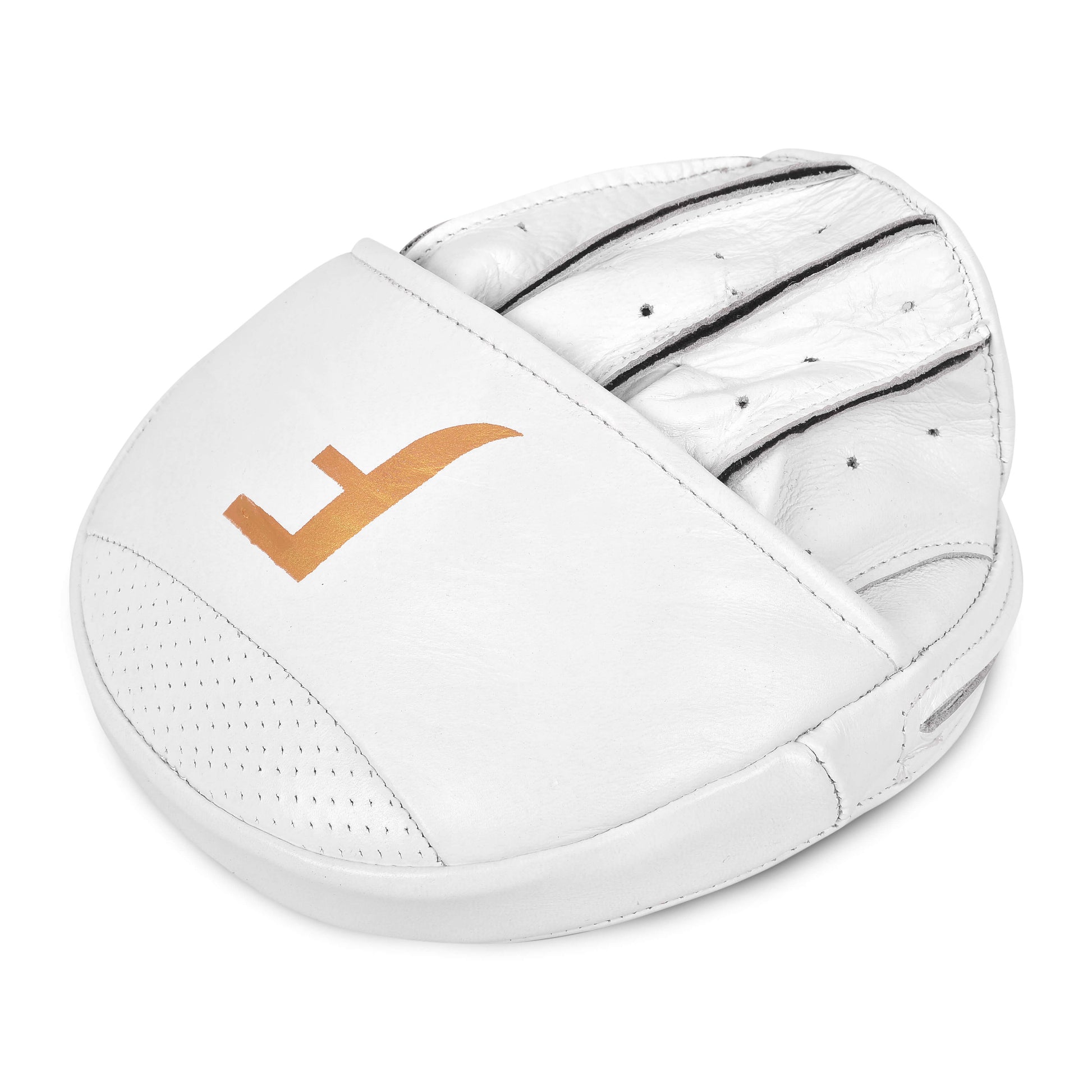 Angled view of Fereli Focus Mitts in white with gold logo, showcasing ergonomic curve and premium leather finish