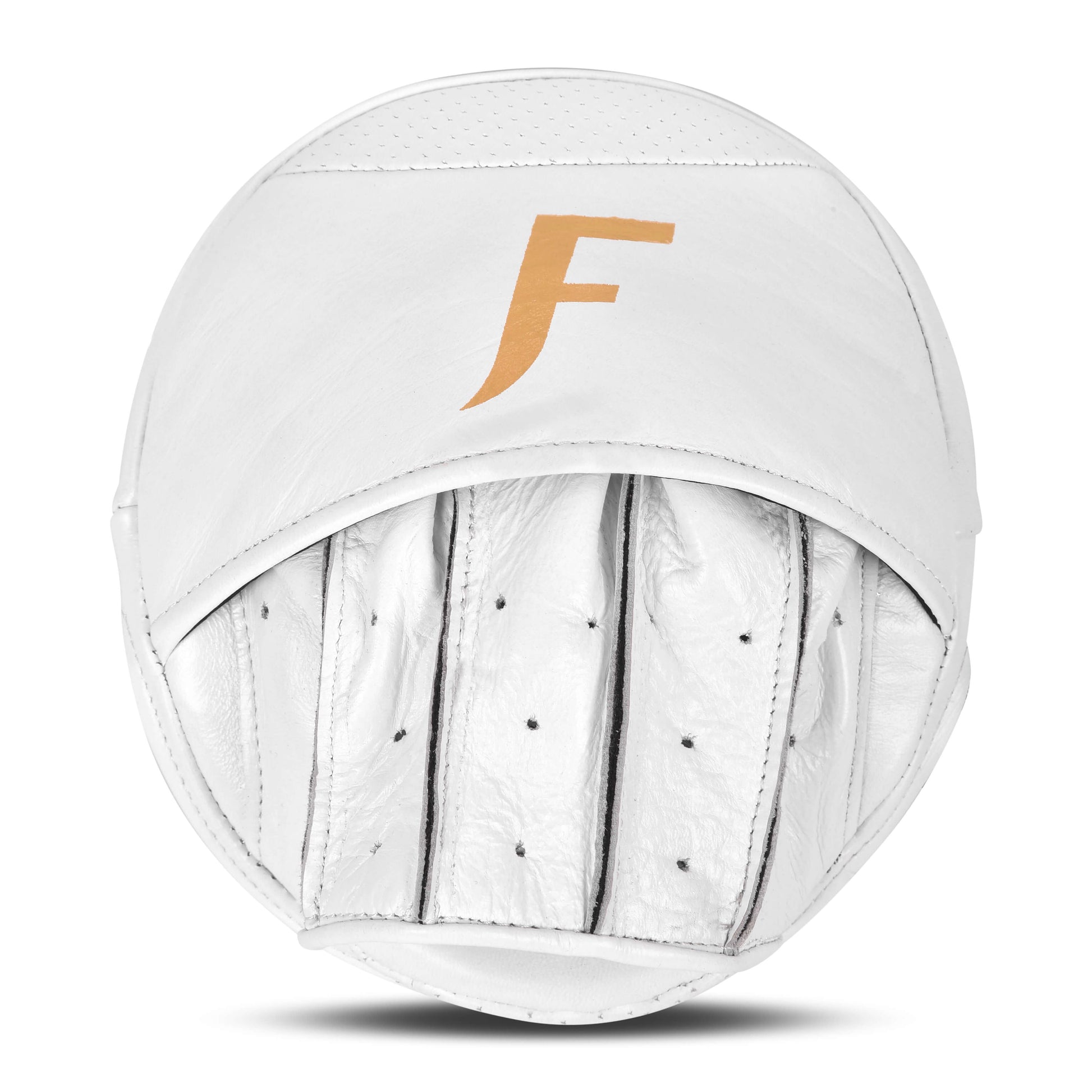 Back view of Fereli Focus Mitts in white with gold logo, featuring ventilated finger slots and secure grip design for precision training