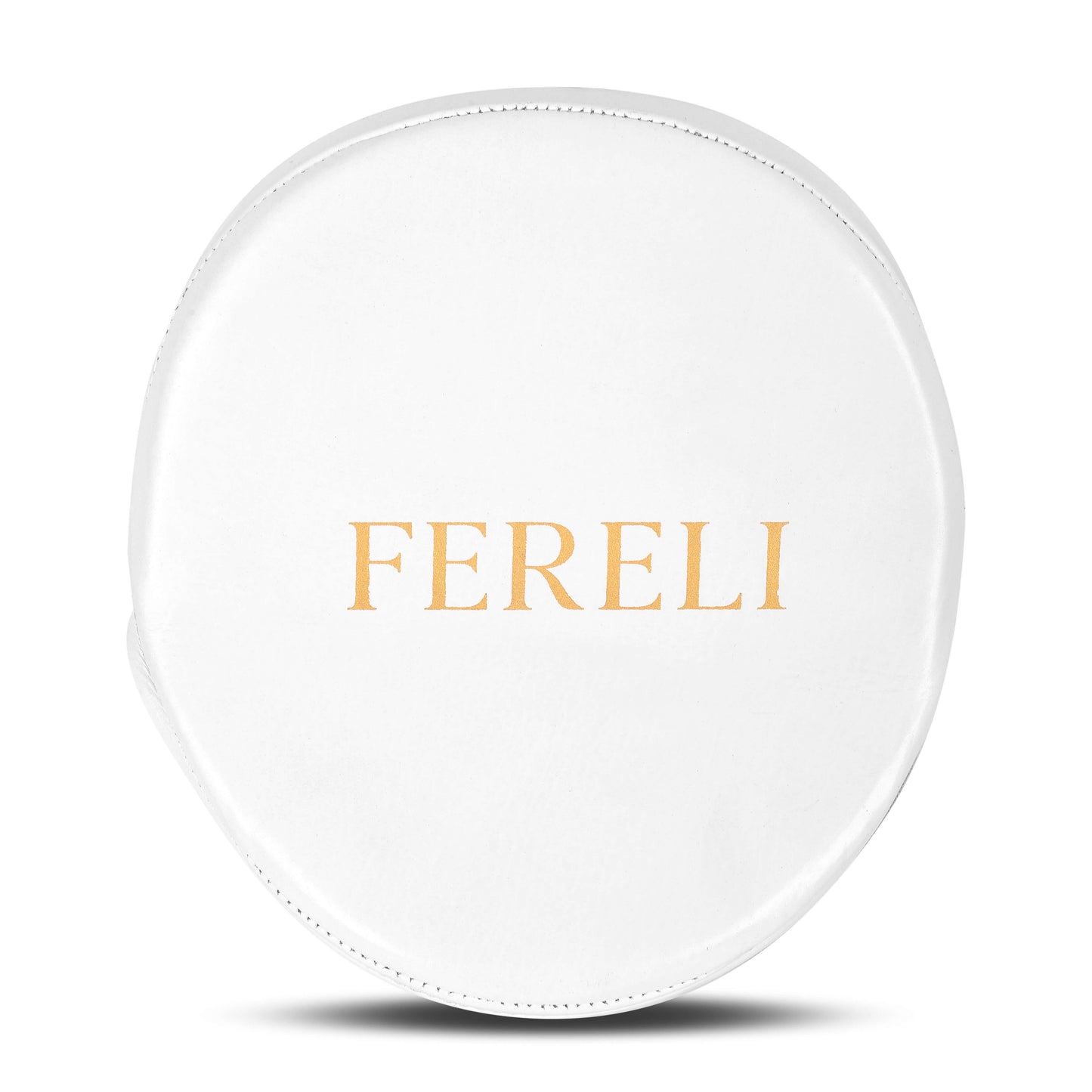Front striking surface of Fereli Focus Mitts in white with gold FERELI branding, crafted for high-performance boxing accuracy