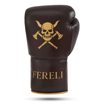 Fereli Huskarl Lace Up Boxing Gloves in rich brown leather, shown from the front with a bold gold skull and axe emblem and “FERELI” branding on the cuff — premium handcrafted boxing gloves for box MMA.