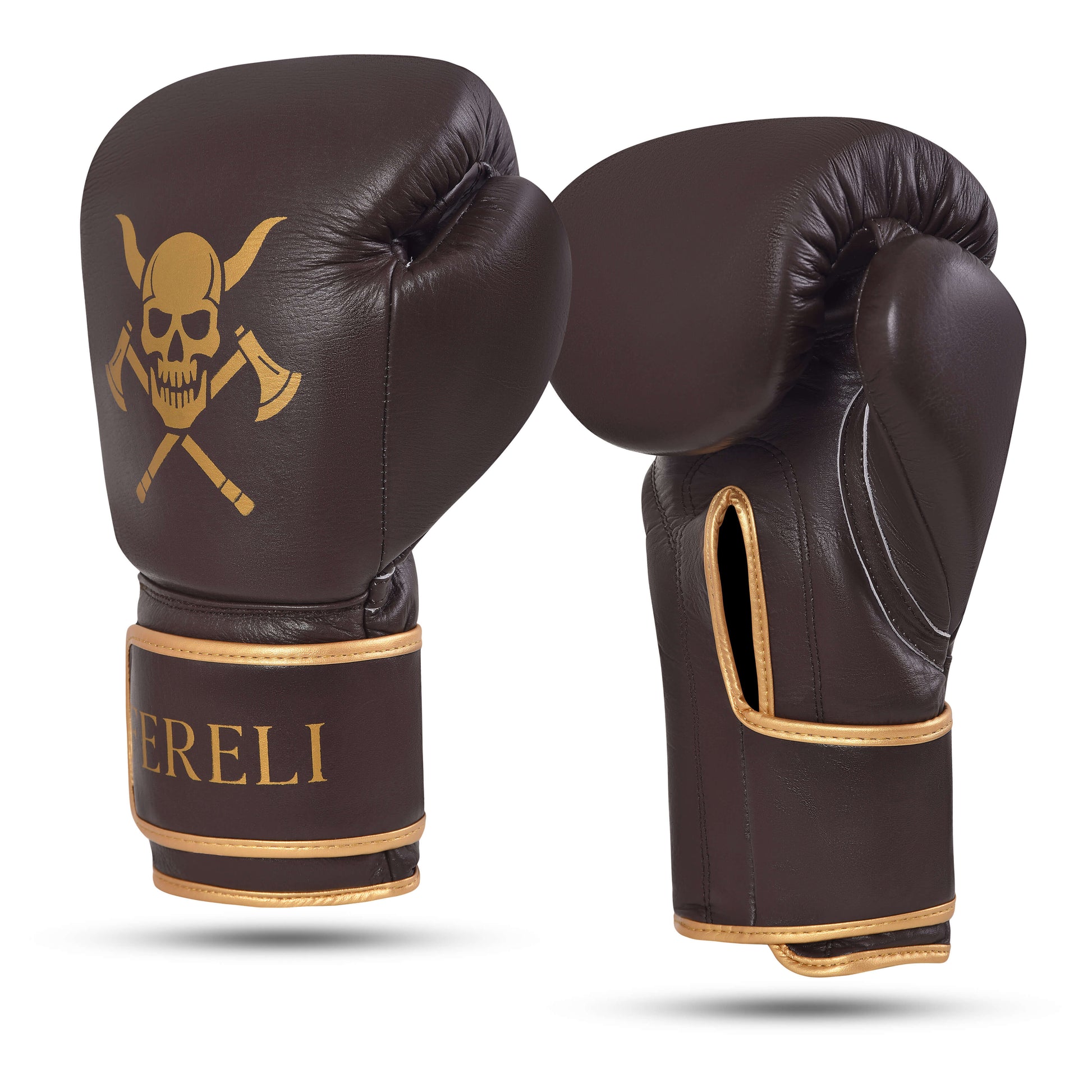 Angled pair of Fereli Huskarl brown leather strap boxing gloves online, featuring gold skull and axe design, high-quality brand boxing gear ideal for box mma training and sparring.