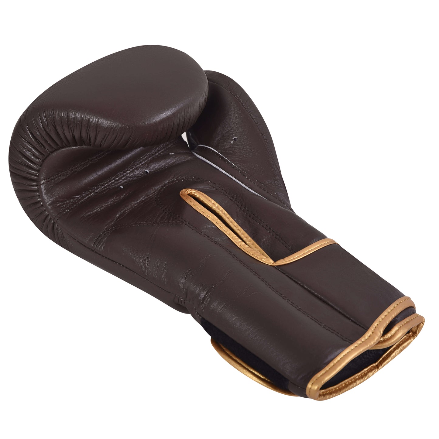 Flat view of Fereli Huskarl brown leather strap boxing gloves online, luxury brand boxing gear with gold trim, ideal for sparring, training, and box mma sessions.