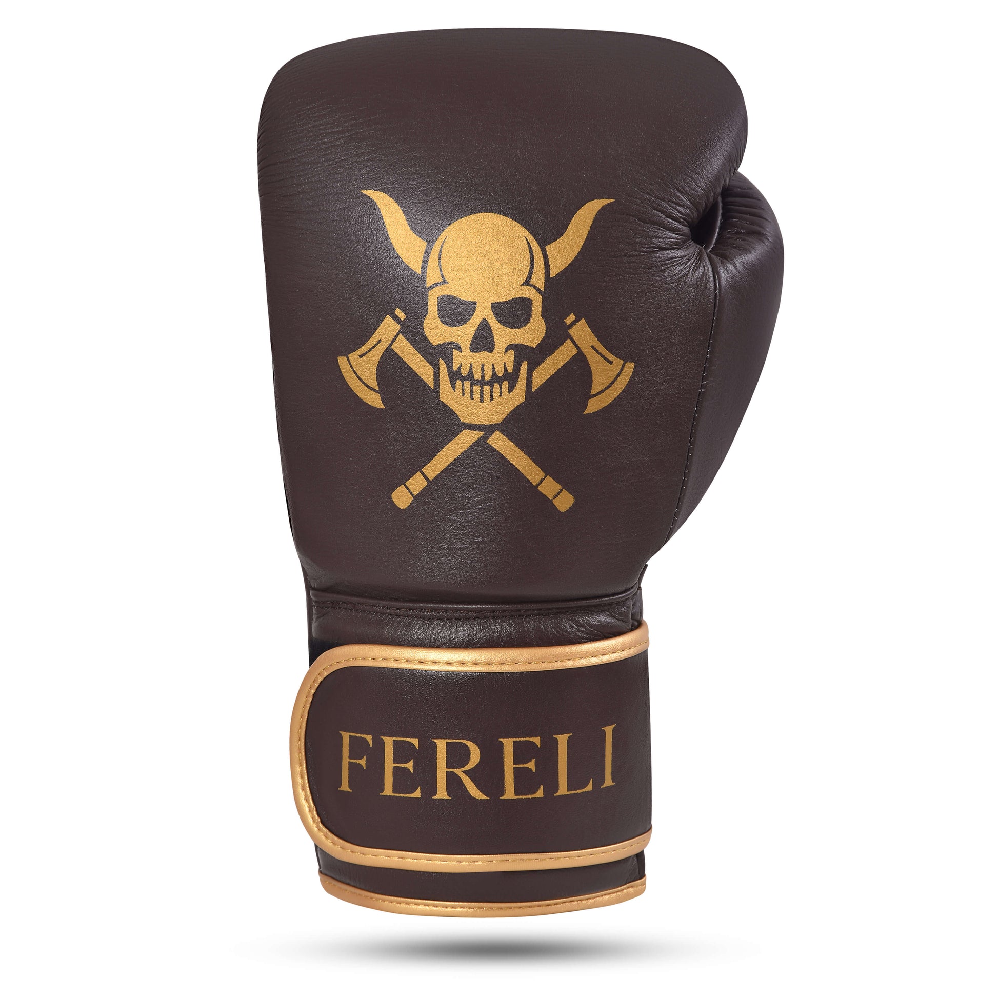 Front view of Fereli Huskarl brown leather strap boxing gloves online, premium brand boxing design with Viking skull and axe emblem, built for box mma training and sparring.