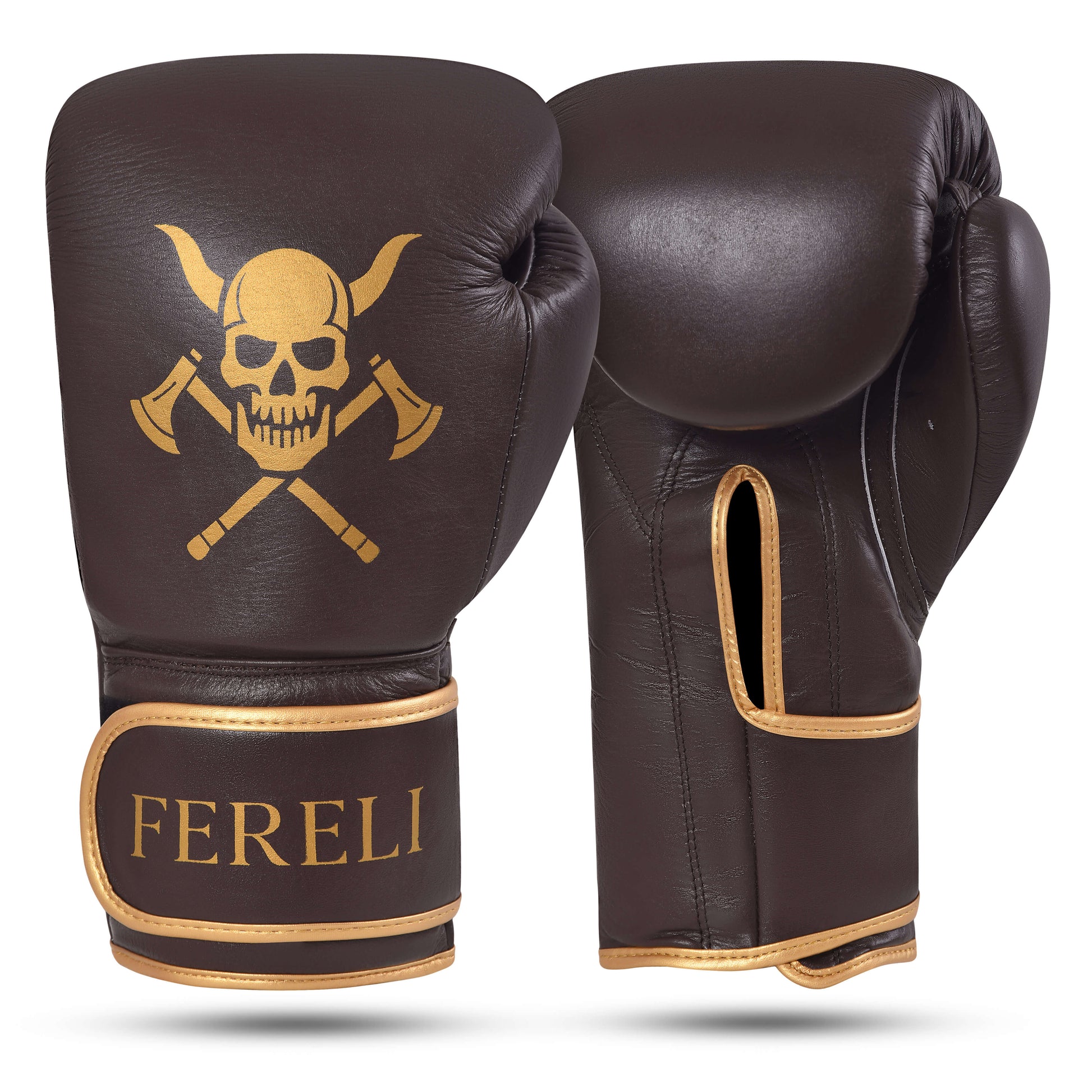Fereli Huskarl Viking-inspired strap boxing gloves online in brown leather with gold skull and axe emblem, premium brand boxing gear for box mma training and sparring.