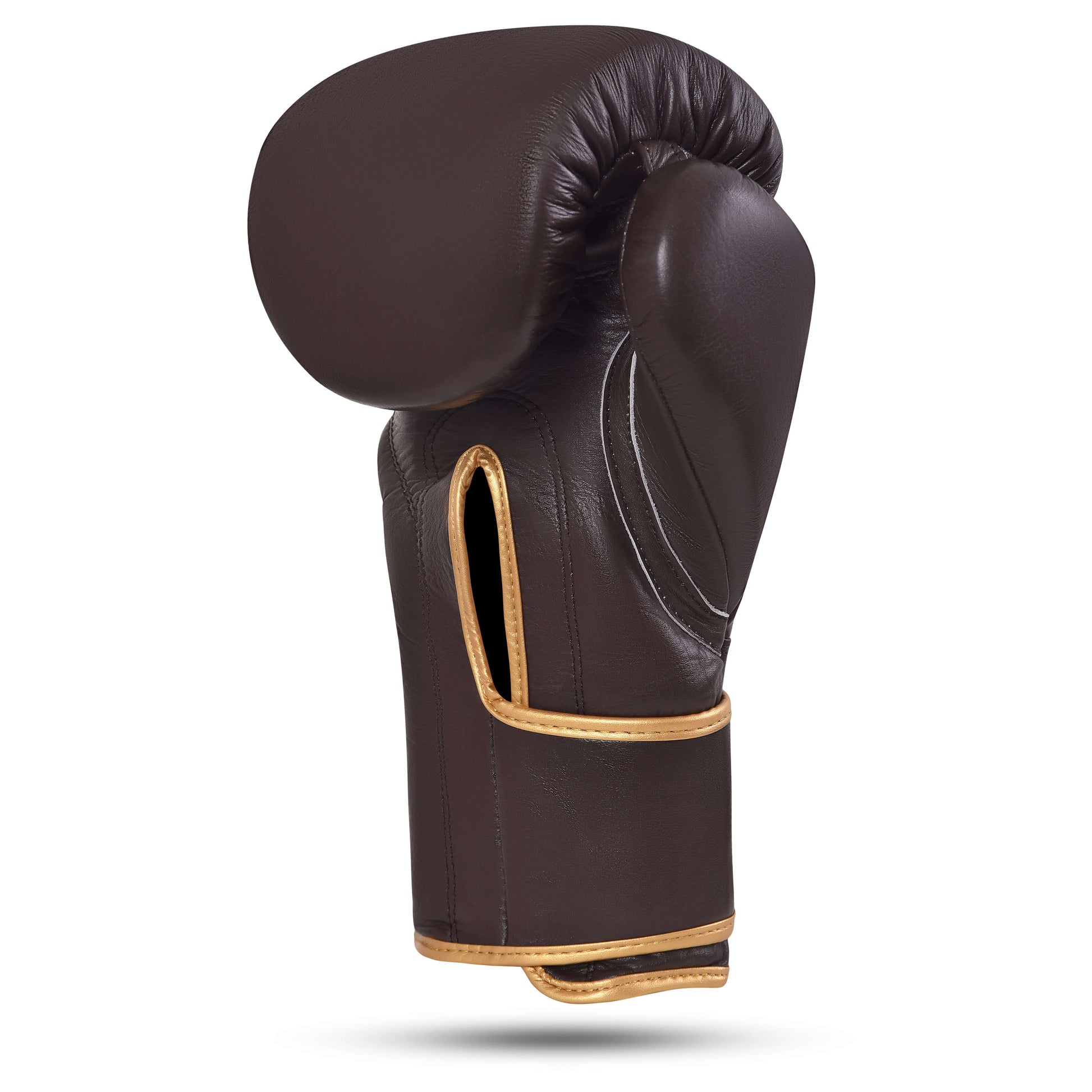 Side view of Fereli Huskarl brown leather strap boxing gloves online, premium brand boxing gear with gold trim, designed for durability in box mma and sparring.