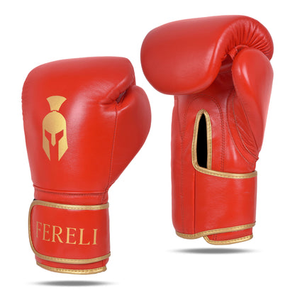 Fereli Ludus red boxing gloves shown in front and side angles with gold trim and Spartan helmet logo – high-quality boxing gloves for kickboxing, available in our boxing gear sale and boxing equipment online