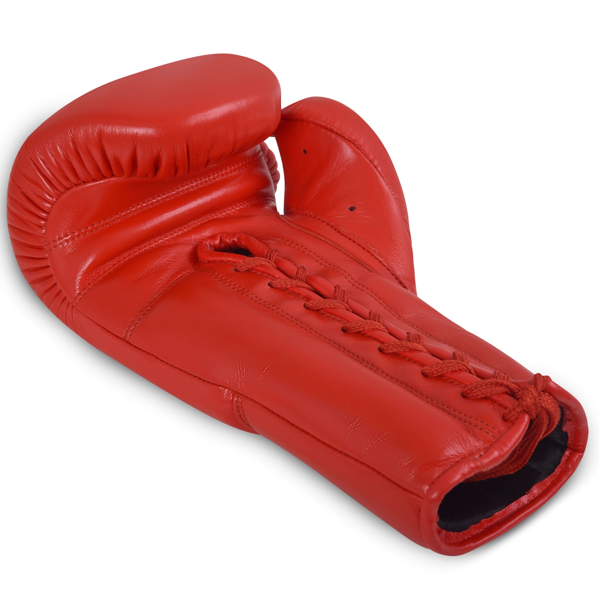 Fereli Ludus red boxing gloves for kickboxing shown flat with lace-up wrist support, premium boxing equipment online and part of our boxing gear sale.