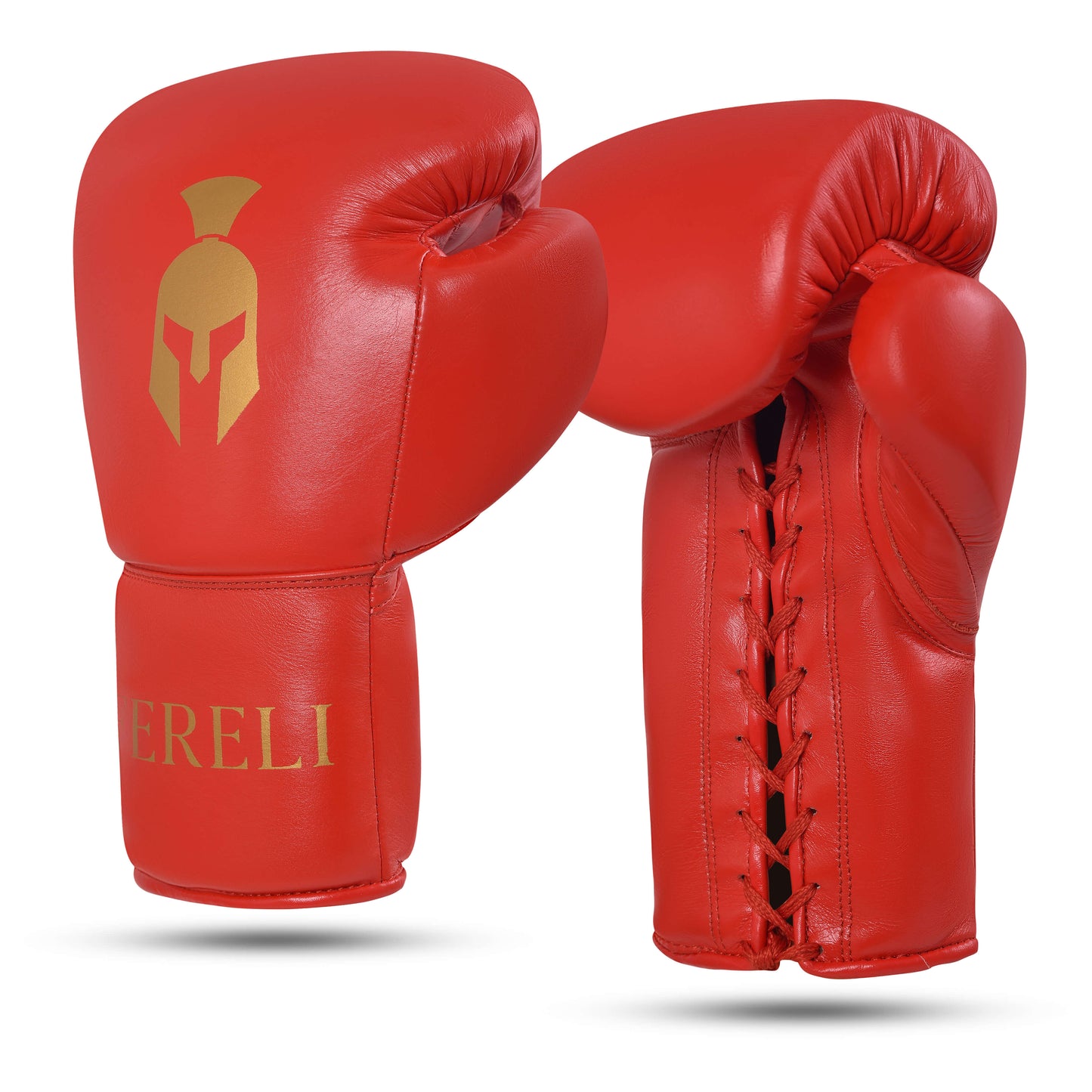 Fereli Ludus boxing gloves for kickboxing in red leather with gold warrior helmet logo, front and lace-up back view, premium gear available in boxing gear sale and online boxing equipment store.