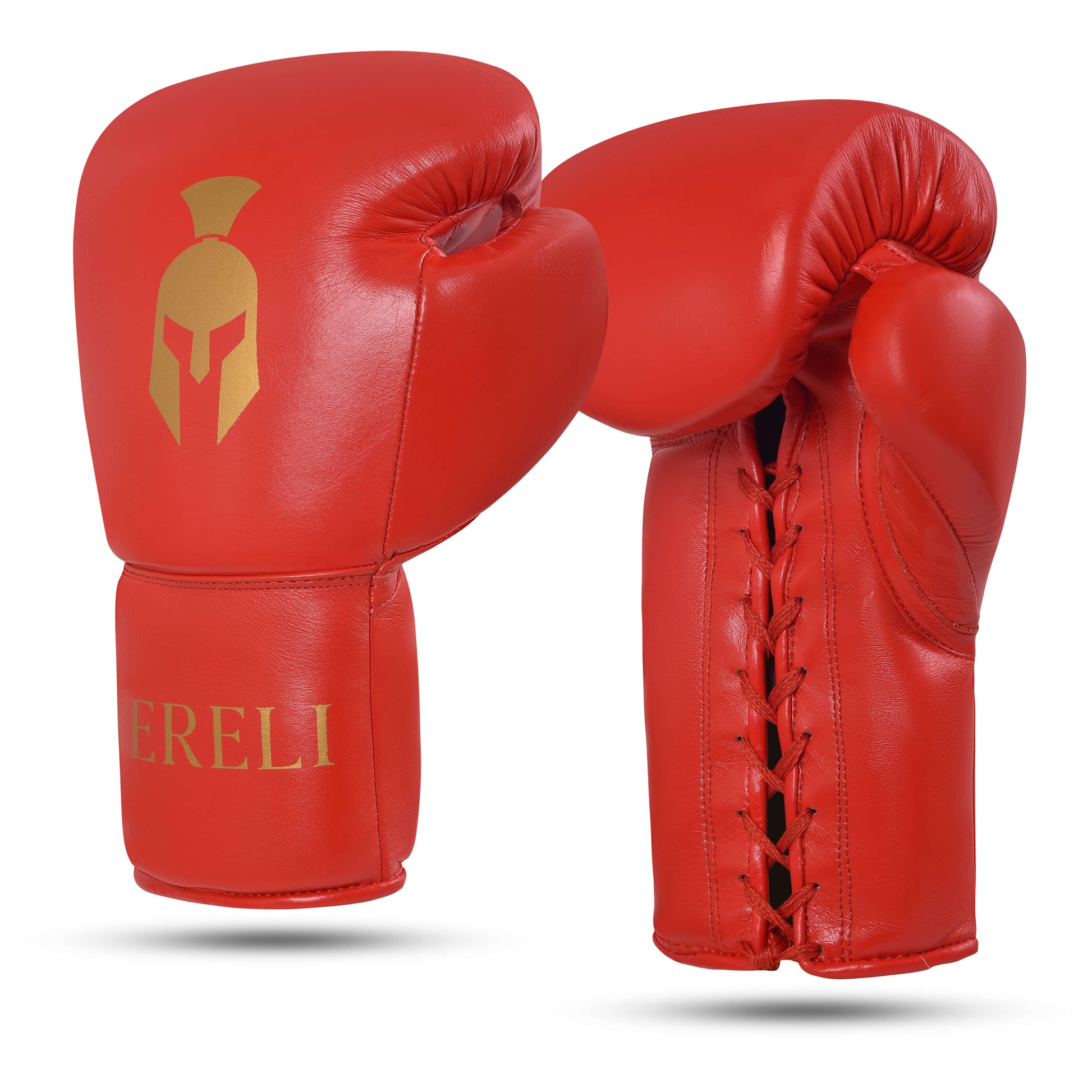 Fereli Ludus boxing gloves for kickboxing in red leather with gold warrior helmet logo, front and lace-up back view, premium gear available in boxing gear sale and online boxing equipment store.