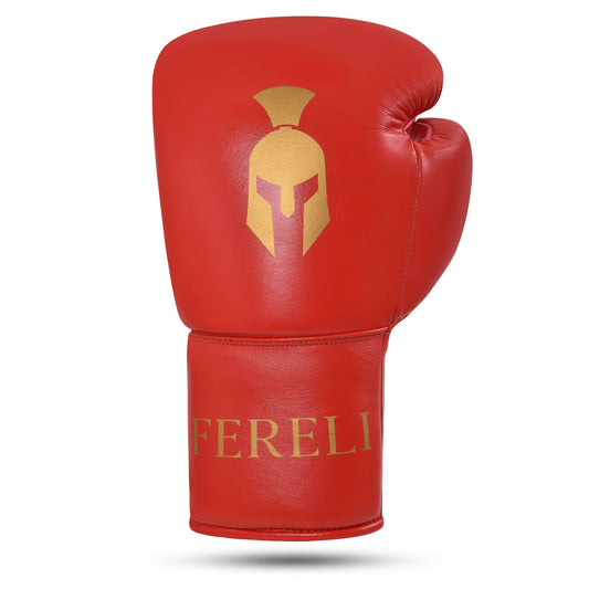 Fereli Ludus red boxing gloves for kickboxing with gold Spartan helmet design, premium boxing gear available in our boxing equipment online store.
