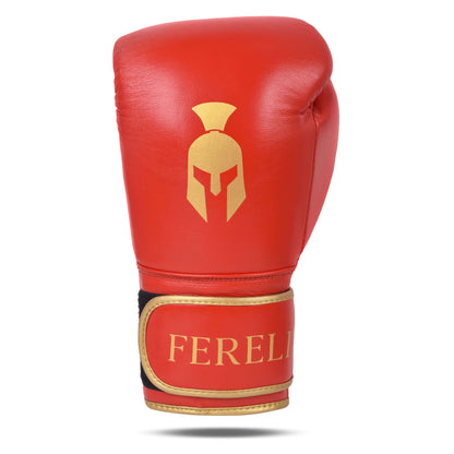 Front view of Fereli Ludus red boxing glove with gold Spartan helmet and FERELI branding – ideal boxing gloves for kickboxing and featured in our boxing gear sale