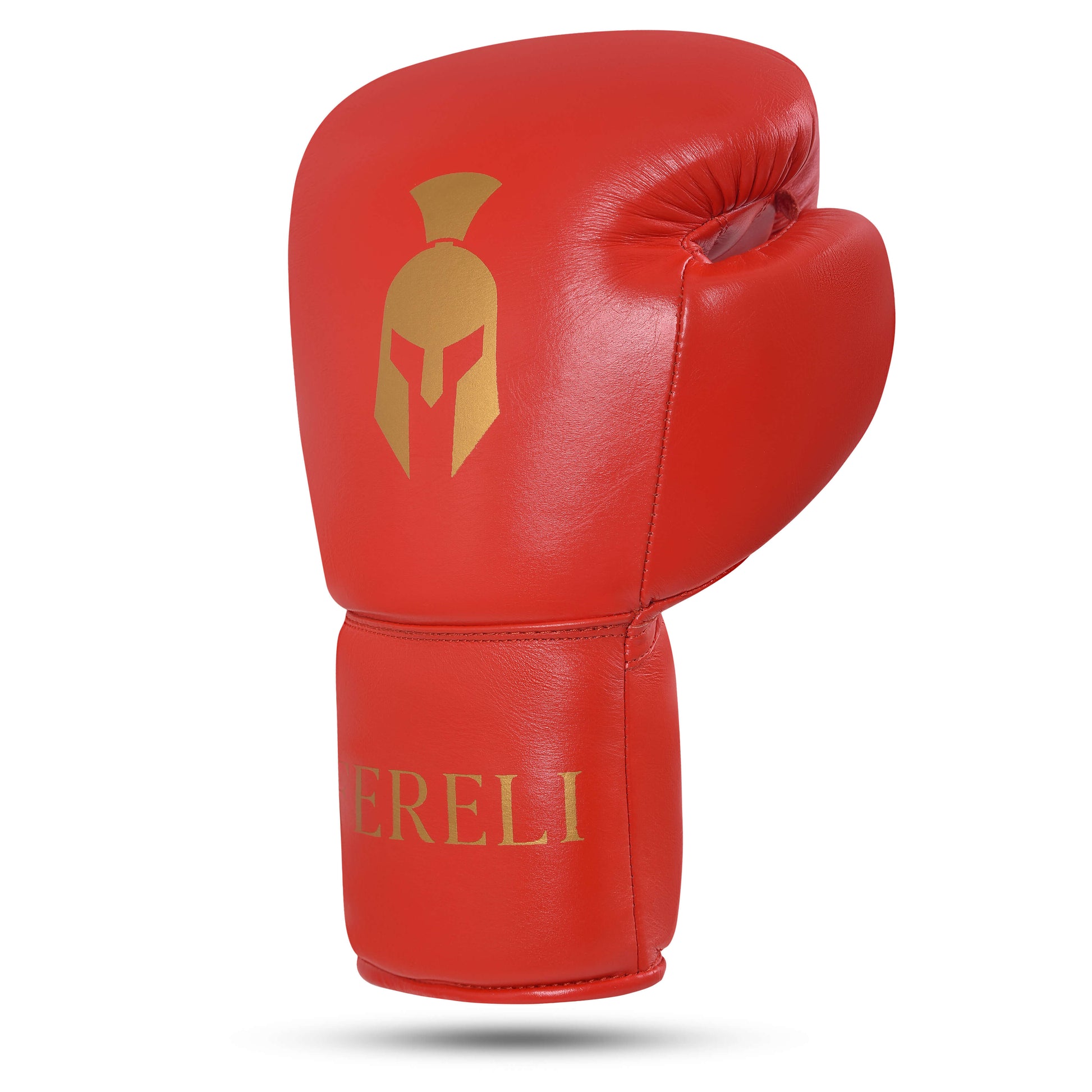 Fereli Ludus boxing gloves for kickboxing in red leather with gold Spartan helmet logo, premium boxing equipment for training and competition.