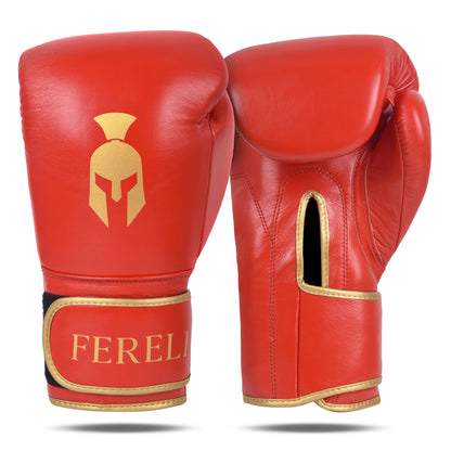 Fereli Ludus red boxing gloves designed for kickboxing, shown front and back with gold detailing – part of our boxing gear sale and available as premium boxing equipment online