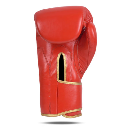 Close-up of the palm side of Fereli Ludus red boxing glove showing reinforced stitching and gold-trimmed ventilation slit – ideal boxing gloves for kickboxing, part of our boxing gear sale and boxing equipment online collection