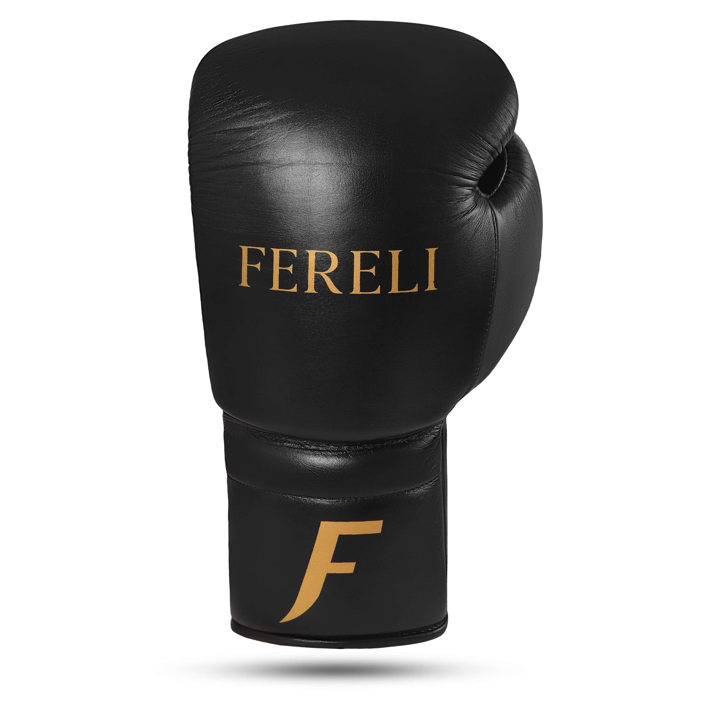 Front view of Fereli Phantom black lace-up boxing glove with gold logo, premium foam boxing gloves designed as beginner boxing equipment for sparring and training.