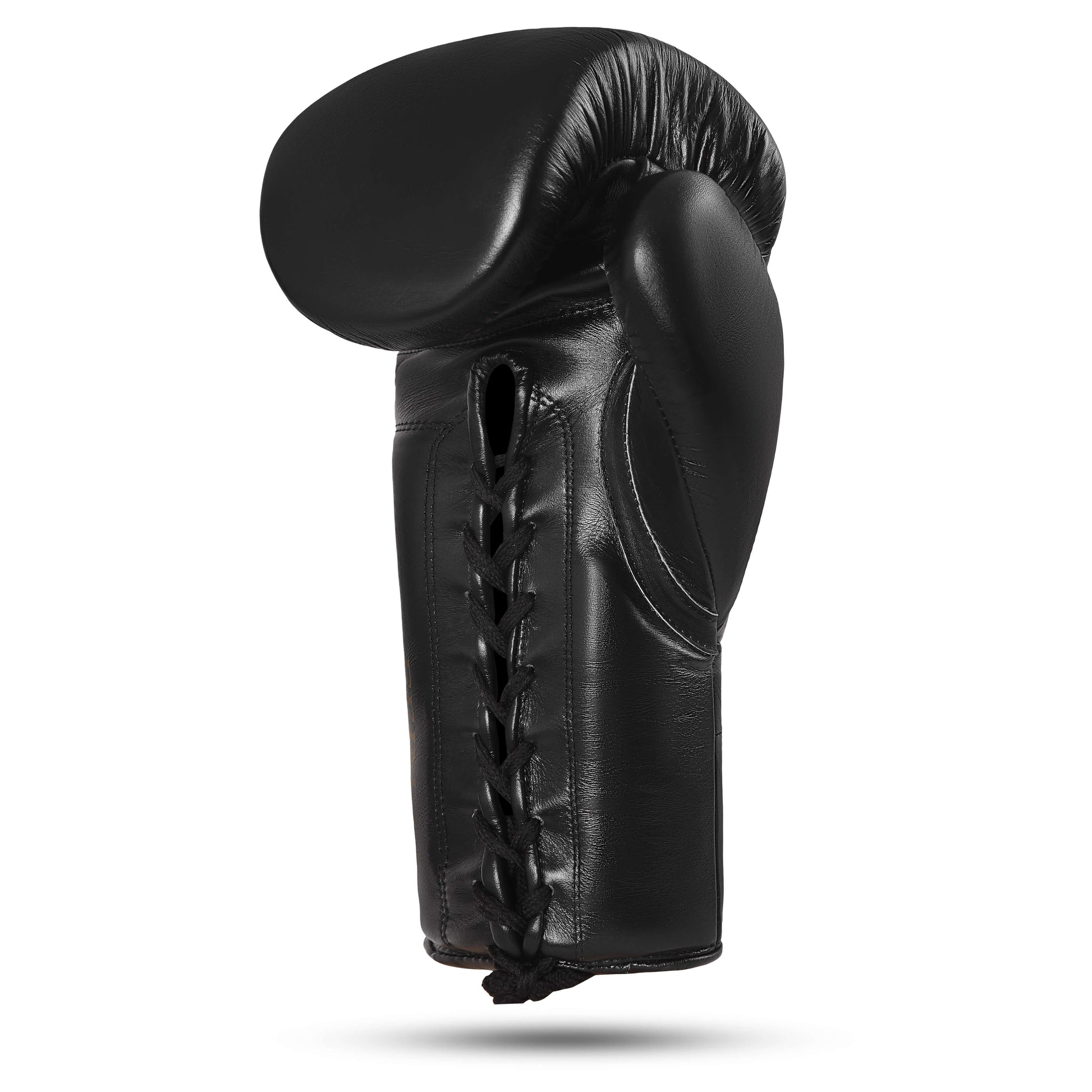 Side profile of Fereli Phantom black foam boxing glove with lace-up closure, designed for beginner boxing equipment and kickboxing sparring use.