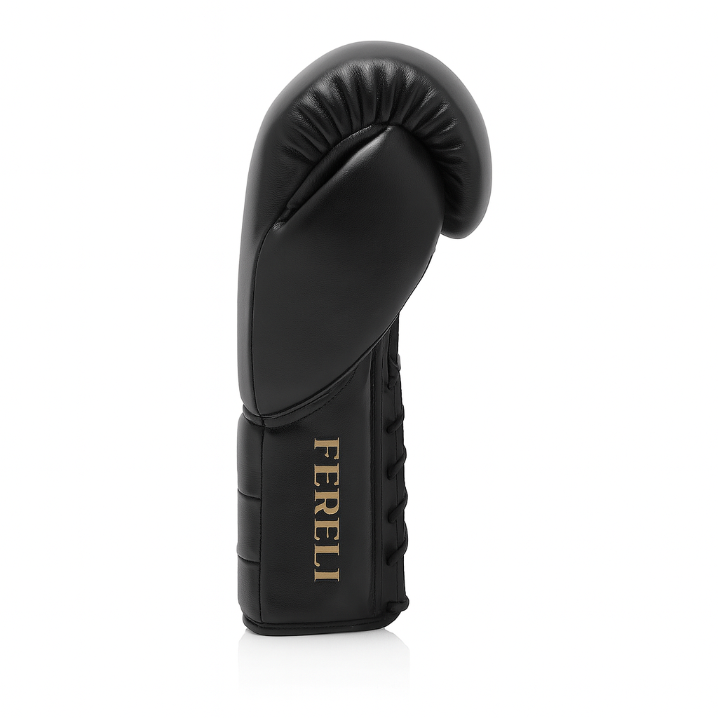 Side view of Fereli Phantom black lace-up boxing glove made from top-grain leather, designed for kickboxing sparring and foam boxing performance.