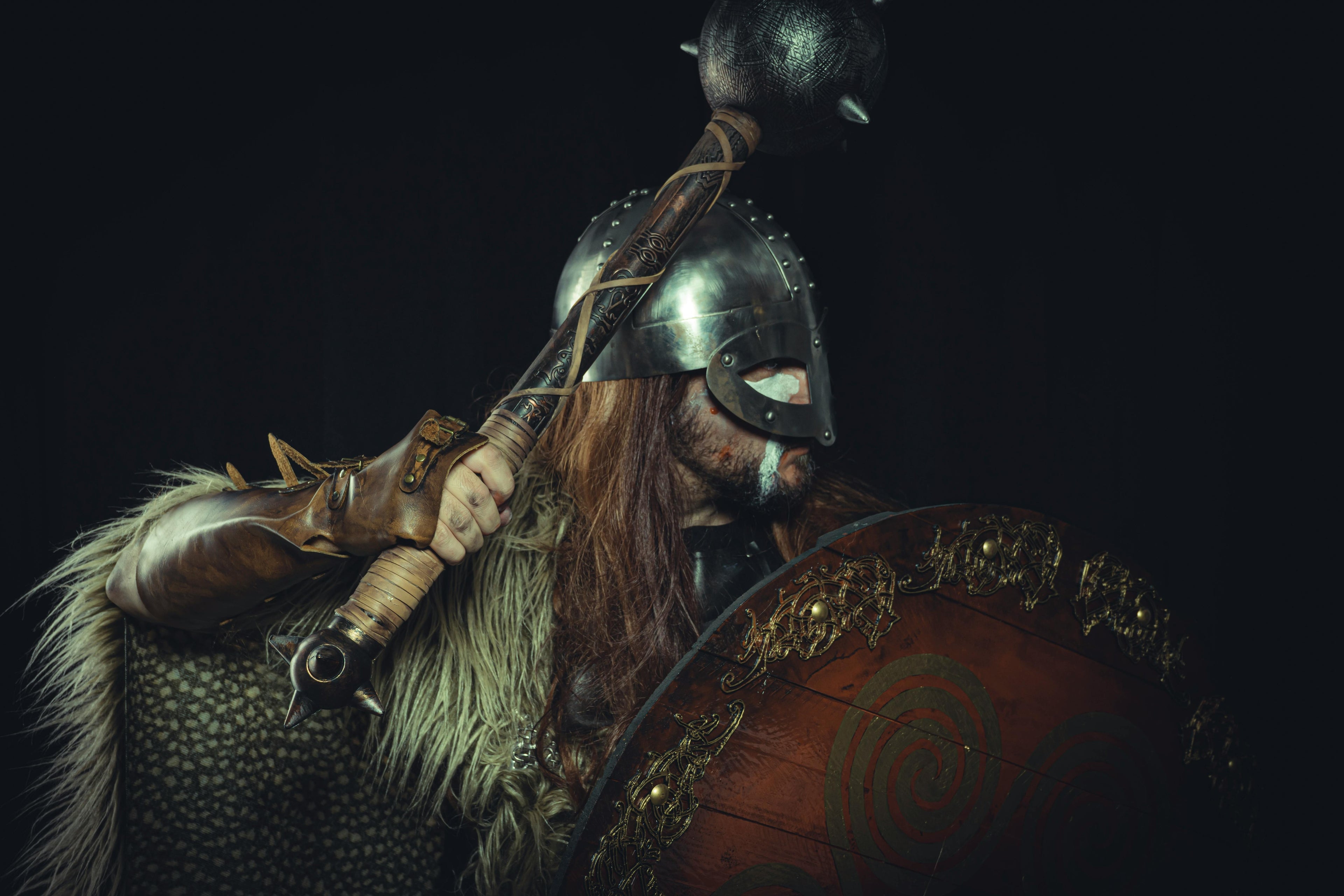 Viking warrior in full armor holding shield and mace, representing the warrior spirit behind Fereli’s pro fight shop and premium fight sportswear.