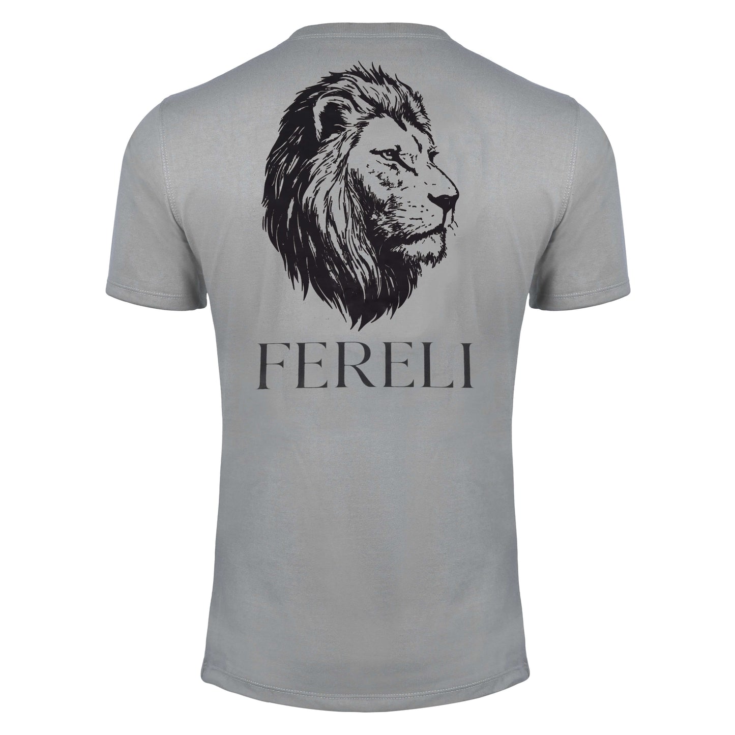 Back view of Fereli Resolve boxing lifestyle t-shirt showing lion head graphic and Fereli branding, premium boxing apparel t-shirt in grey
