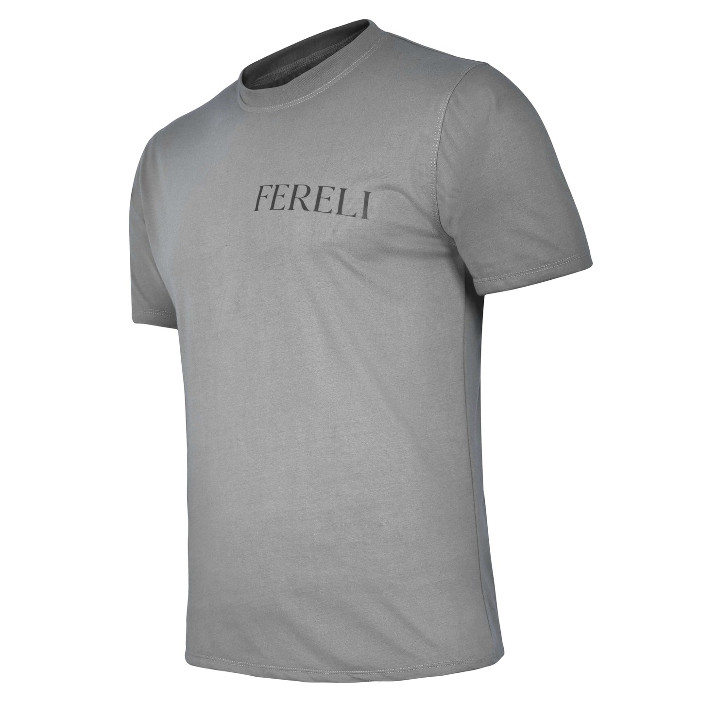Angled front view of the Fereli Resolve boxing apparel t-shirt, grey premium cotton combat sports t shirt with refined athletic fit
