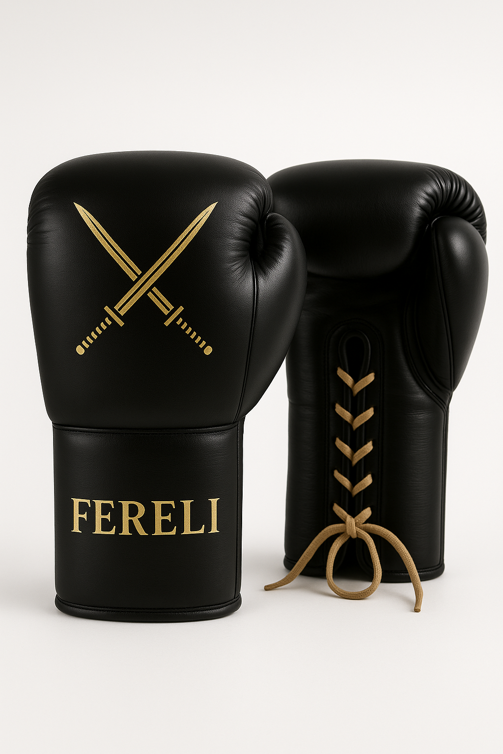 Fereli Shinken 16oz lace-up training boxing gloves in matte black leather with gold samurai swords and Fereli logo on a white background