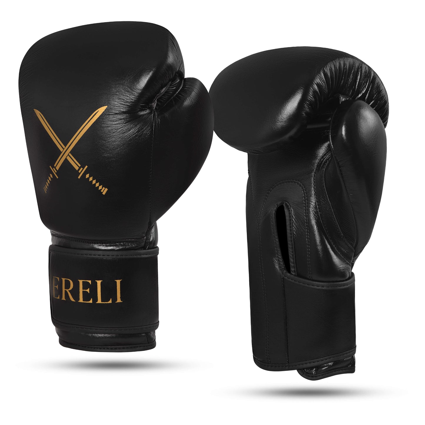 Angled view of Fereli Shinken black boxing fight gloves, crafted for durability and precision as training sparring gloves, part of the premium boxing kit online range.