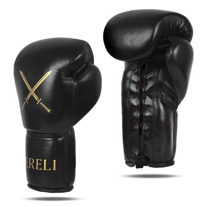 Front and side view of Fereli Shinken premium boxing fight gloves in black leather, featuring golden crossed katana logo – ideal for sparring, training, and pro fight kits.