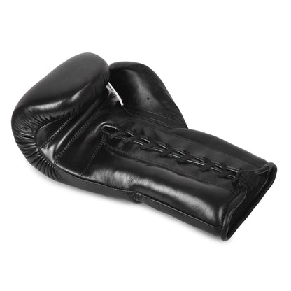 Fereli Shinken boxing fight gloves featuring lace-up wrist support in black premium leather, ideal for training and sparring sessions.