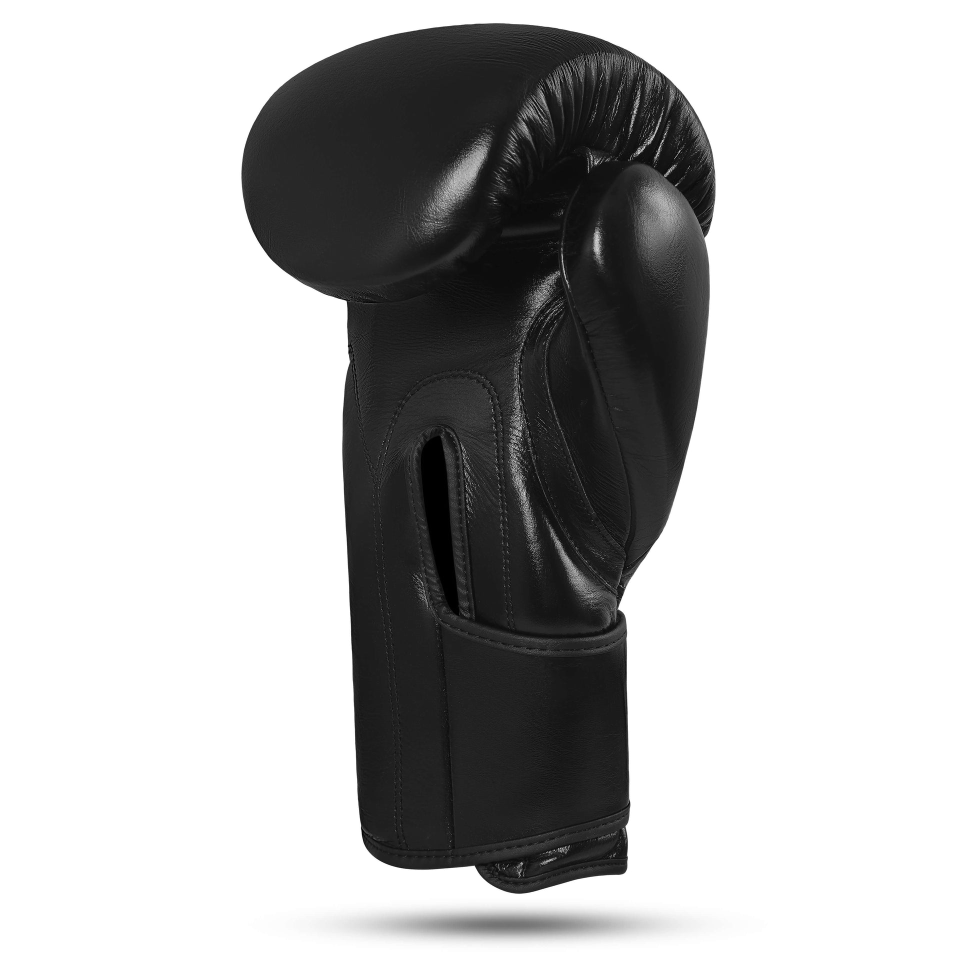 Side view of Fereli Shinken black boxing fight gloves, premium leather training sparring gloves designed for performance, available in the boxing kit online collection.
