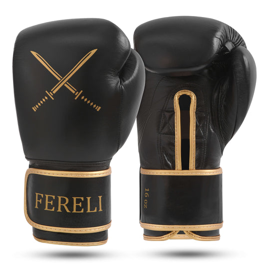 Fereli Shinken boxing fight gloves with strap closure in black and gold, designed for serious athletes seeking durable training sparring gloves and a high-end boxing kit online.