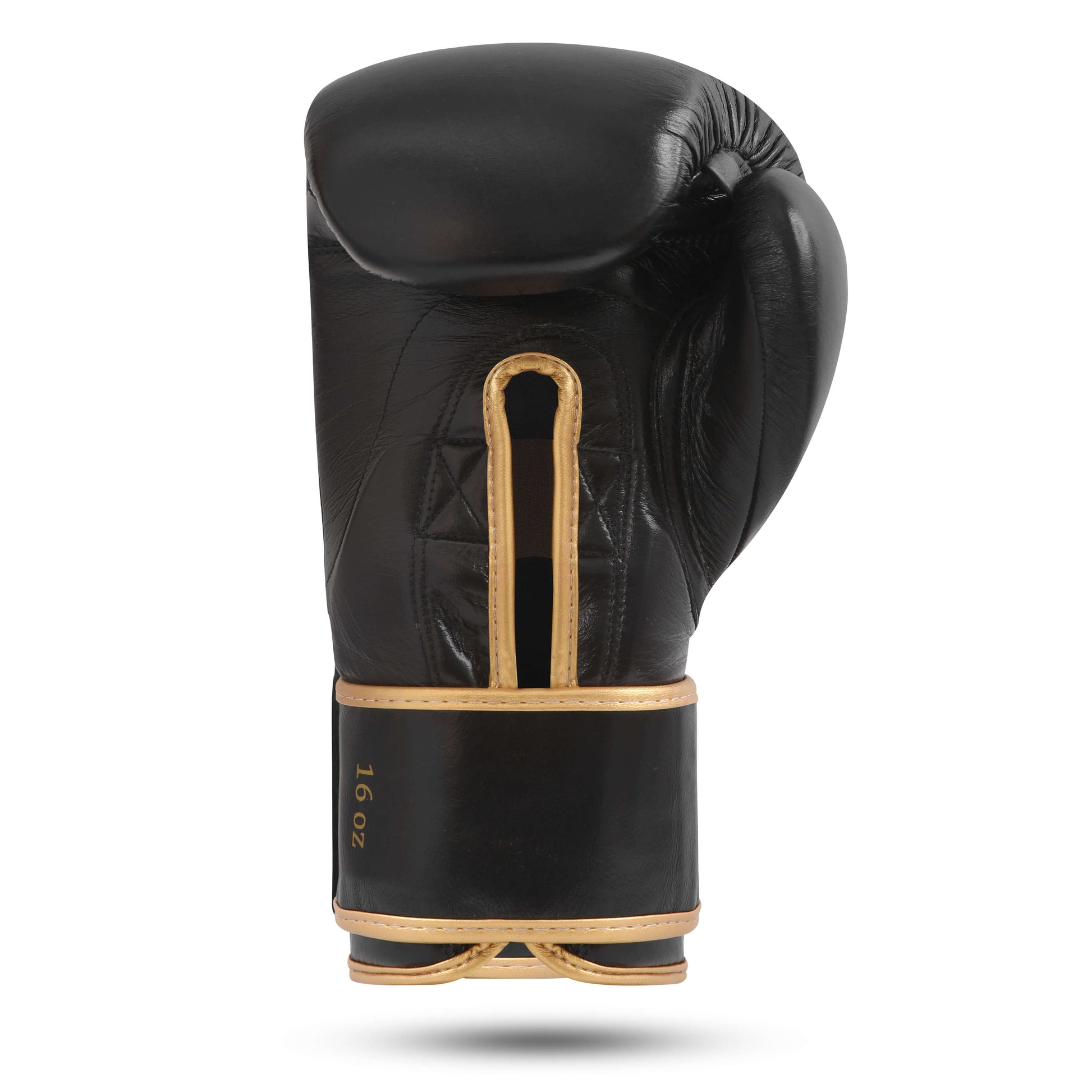 Rear view of Fereli Shinken boxing fight glove in black and gold strap design, premium 16oz training sparring glove ideal for boxing kit online collections.