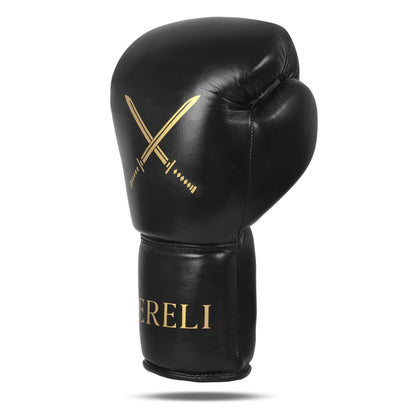 Fereli Shinken glove featuring twin golden katana artwork and Fereli branding on the wrist cuff — a striking design merging combat heritage with performance.