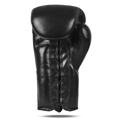 Premium lace-up boxing gloves in jet black, showcasing the reinforced palm side construction of the Fereli Shinken — designed for superior wrist support and secure fit.
