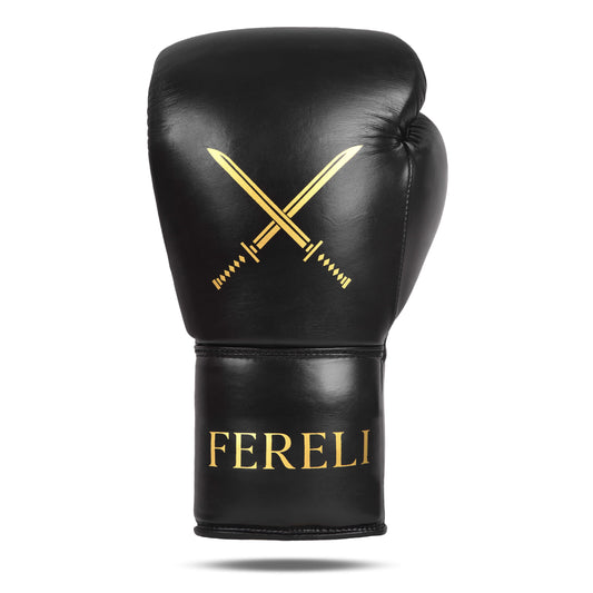 Fereli Shinken boxing gloves showcasing golden twin katana swords and bold logo, crafted for elite fighters and combat athletes.