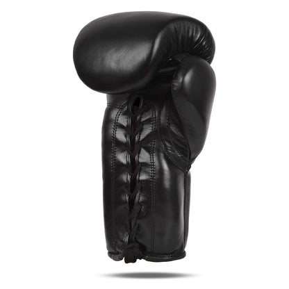 Side angle view of the Fereli Shinken lace-up glove highlighting the ergonomic contour, fine leather texture, and bold handcrafted finish for serious sparring or fight training.